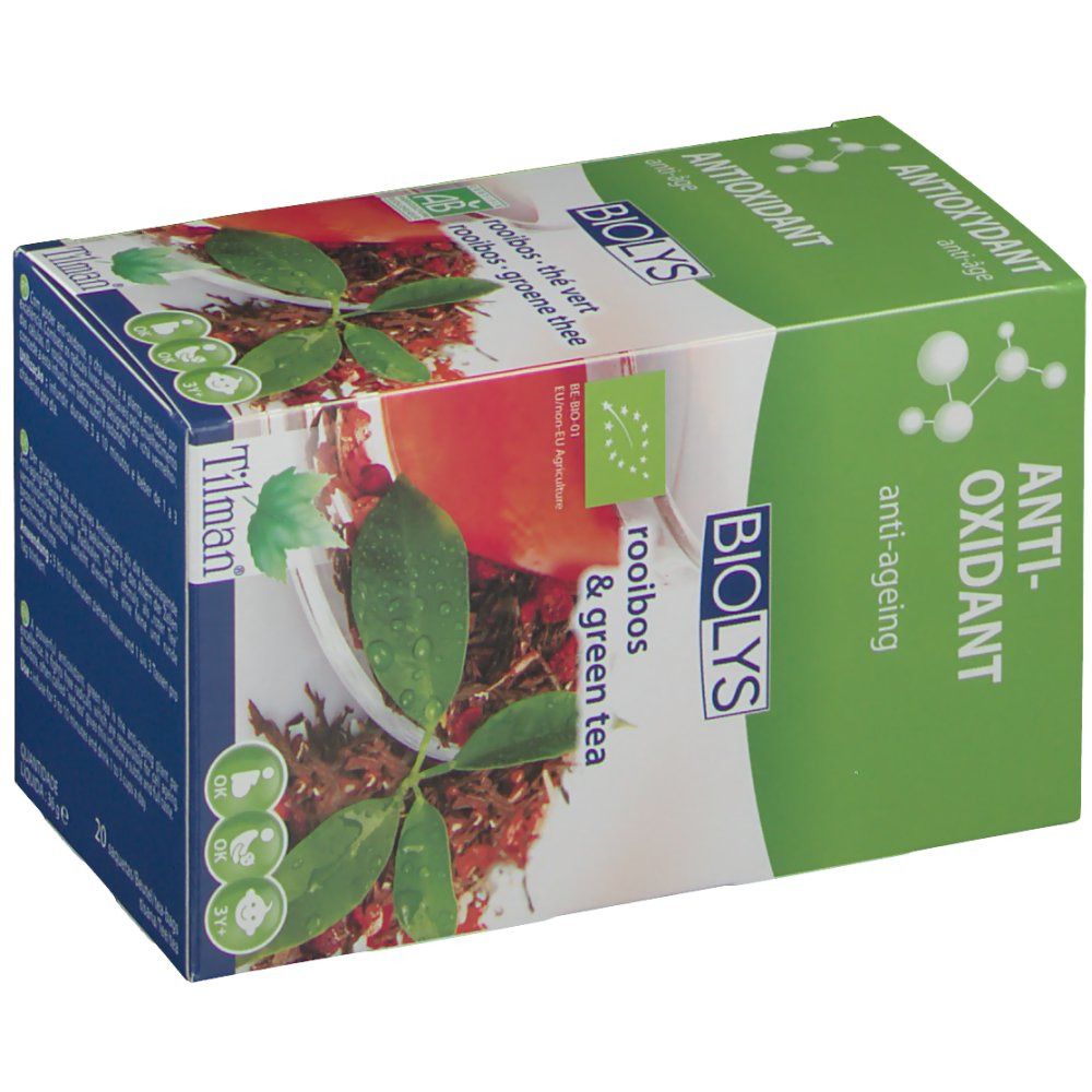 Scatola verde Biolys Rooibos & Green Tea. Scritta: Antiossidante, anti-età. Marchio biologico. 20 bustine di tè.