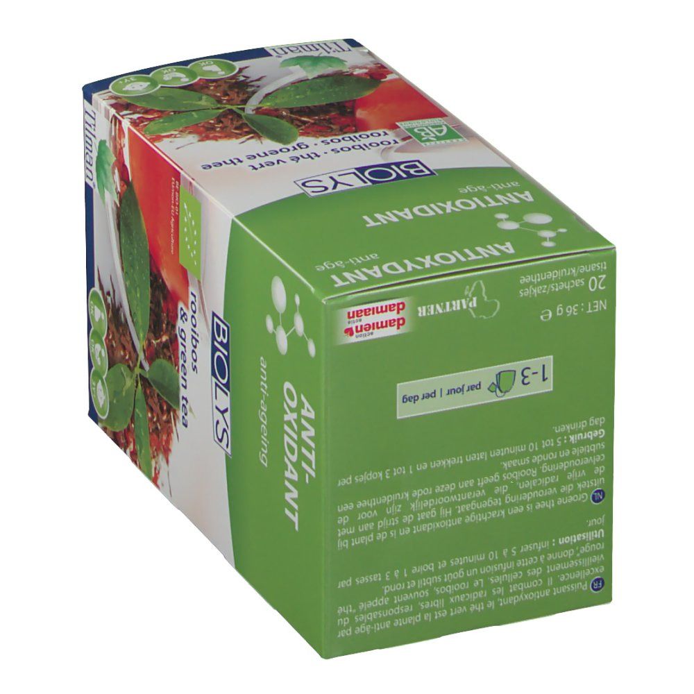 Scatola verde Biolys Rooibos & Green Tea. Scritta: Antiossidante, anti-età. 20 bustine di tè. Dosaggio: 1-3 al giorno.