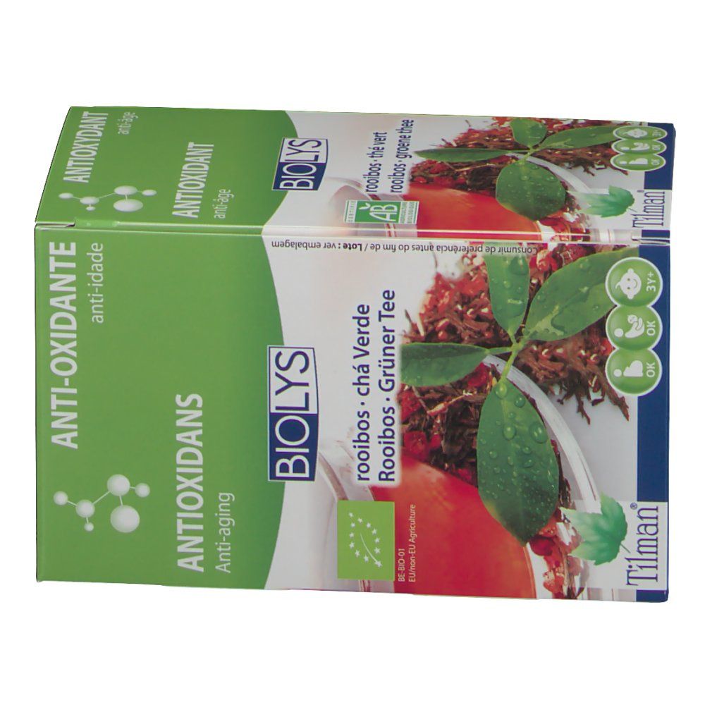 Scatola verde Biolys Rooibos - Thé Vert. Scritta: Antiossidante, anti-età. Marchio biologico. Contiene bustine di tè.