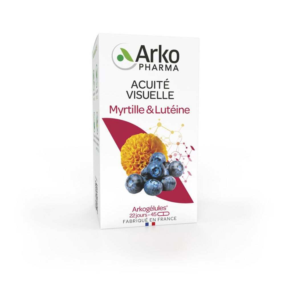 Witte doos met Arkopharma logo, opschrift 'Acuite Visuelle' en afbeelding van bosbessen en bloem.