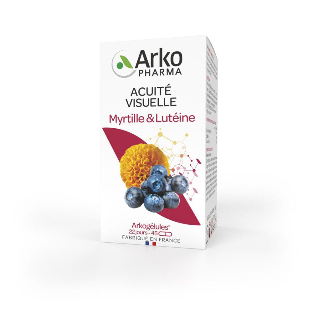 Witte doos met Arkopharma logo, opschrift 'Acuite Visuelle' en afbeelding van bosbessen en bloem.