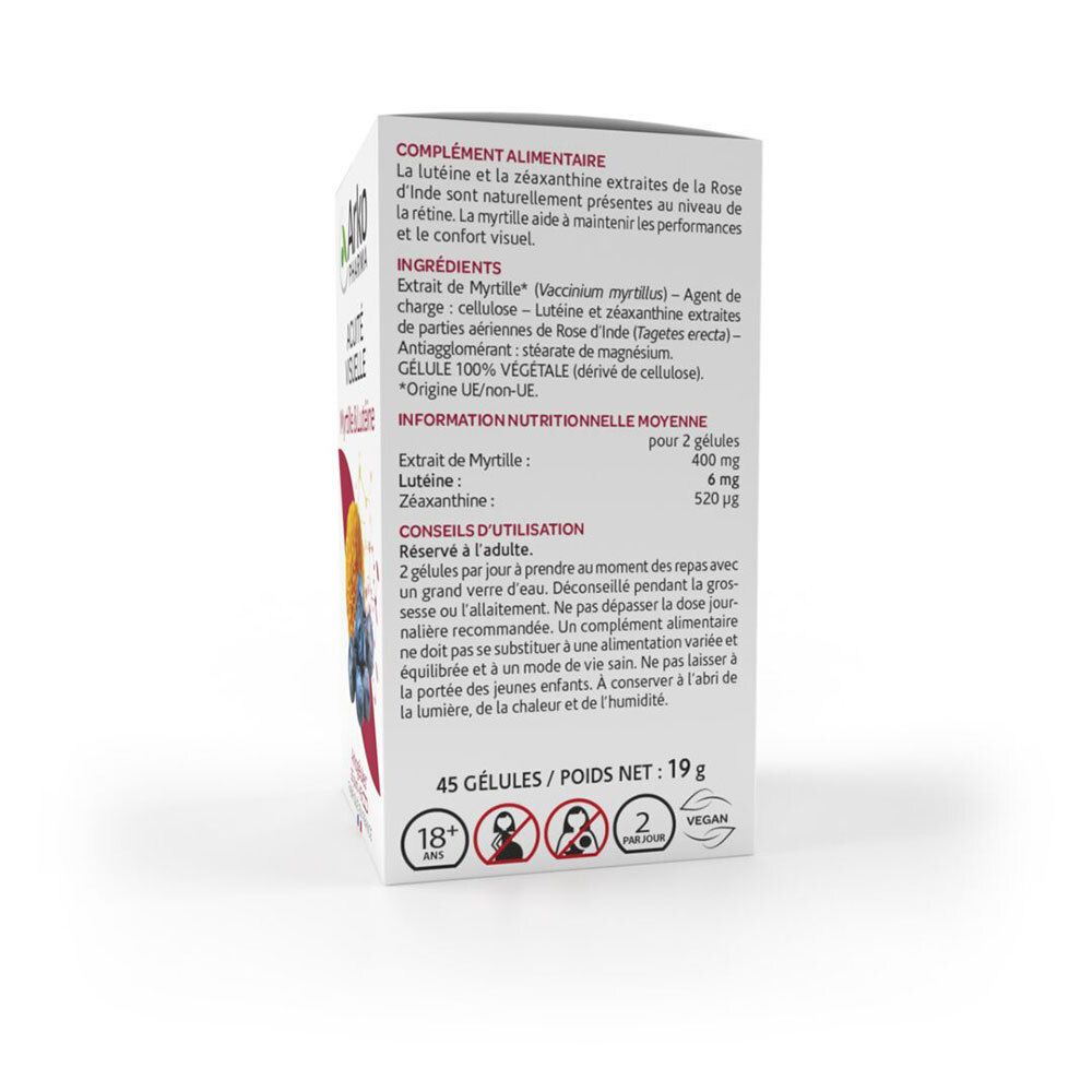 Achterkant van de witte doos. Tekst over ingrediënten, gebruiksaanwijzing en voedingswaarde. 45 capsules, 19g.