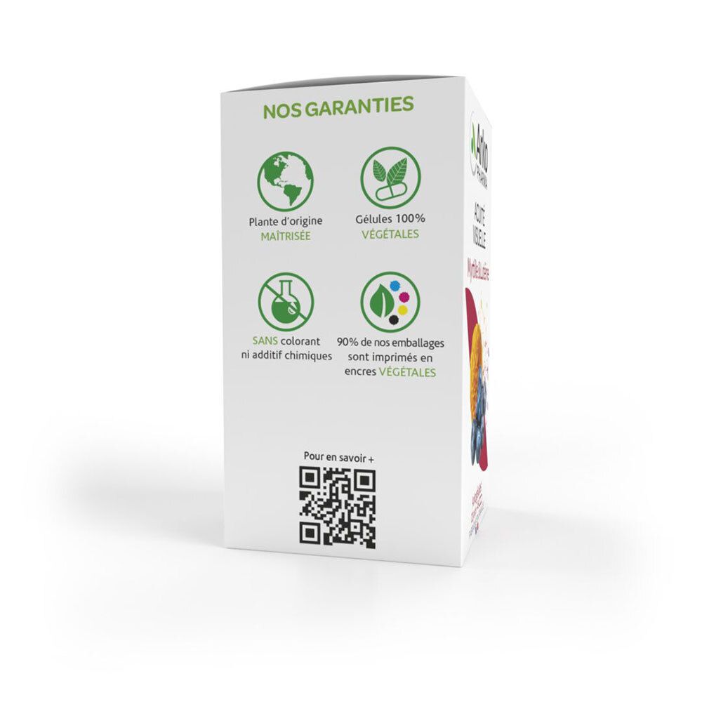 Achterkant van de witte doos. Logo's voor herkomst, vegetarische capsules, geen kleurstoffen, bedrukt met plantaardige inkten.