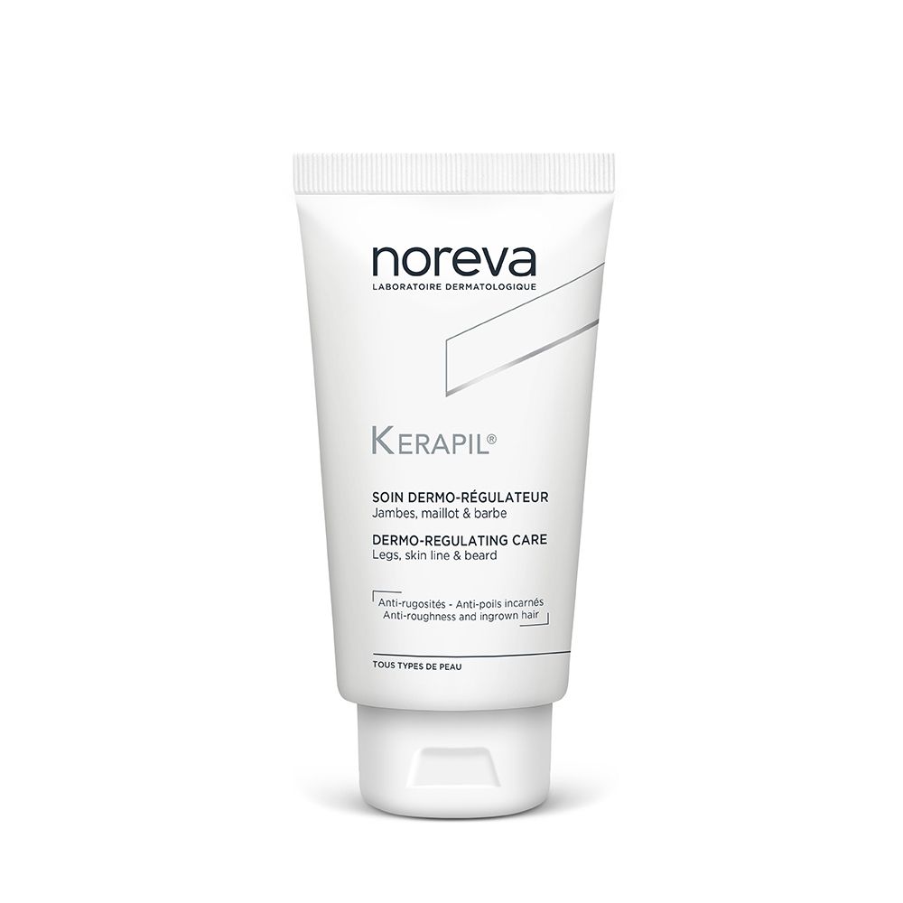 Tube blanc avec nom et logo du produit. Texte: SOIN DERMO-RÉGULATEUR, Dermo-Regulating Care. Pour jambes, maillot & barbe.