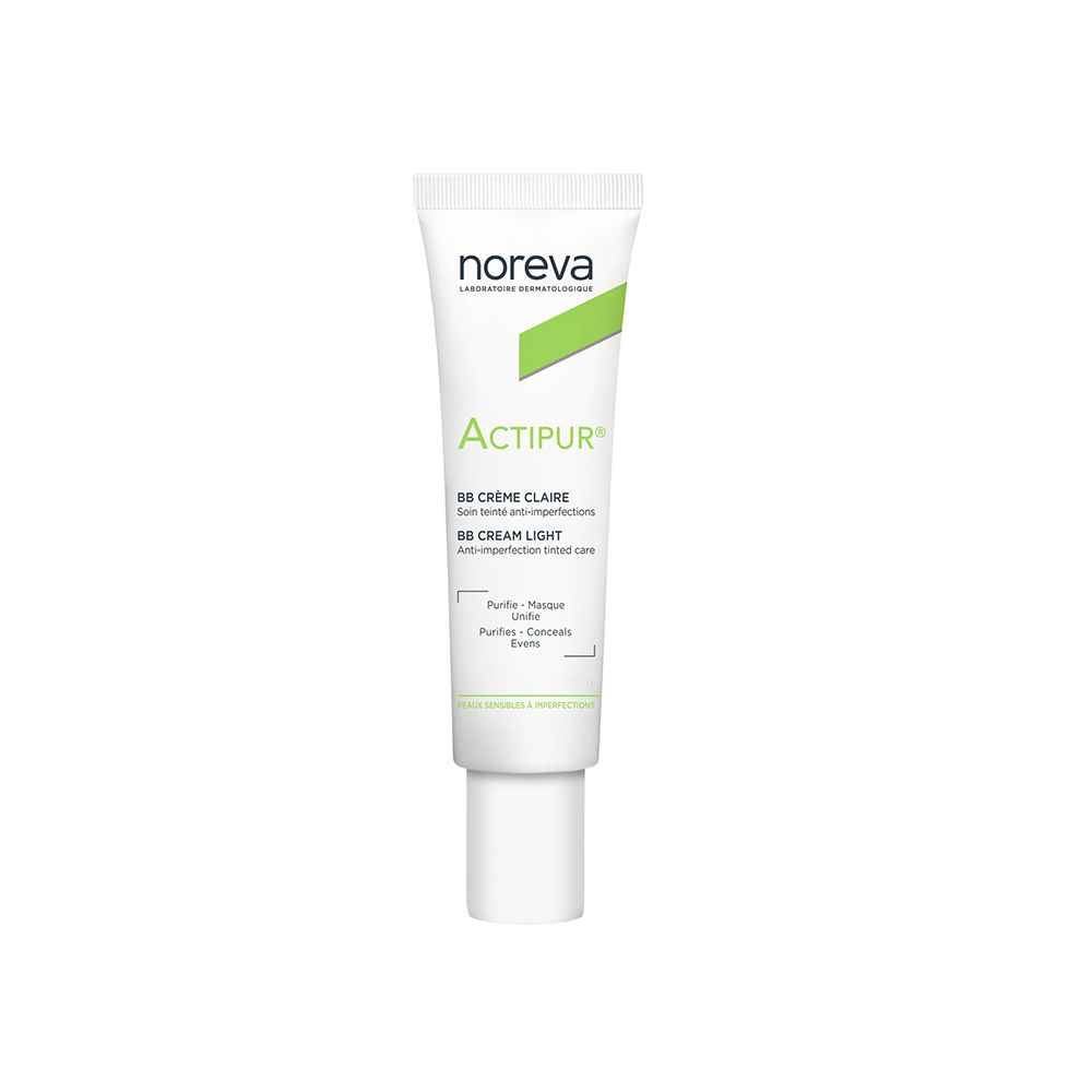 Tube blanc. Inscription: noreva ACTIPUR® BB CRÈME CLAIRE, BB CREAM LIGHT. Accent vert.