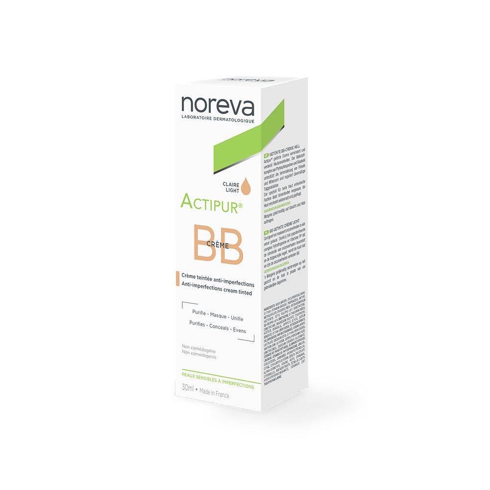 Boîte avec informations produit. Inscription: noreva ACTIPUR® BB CRÈME. Texte multilingue.