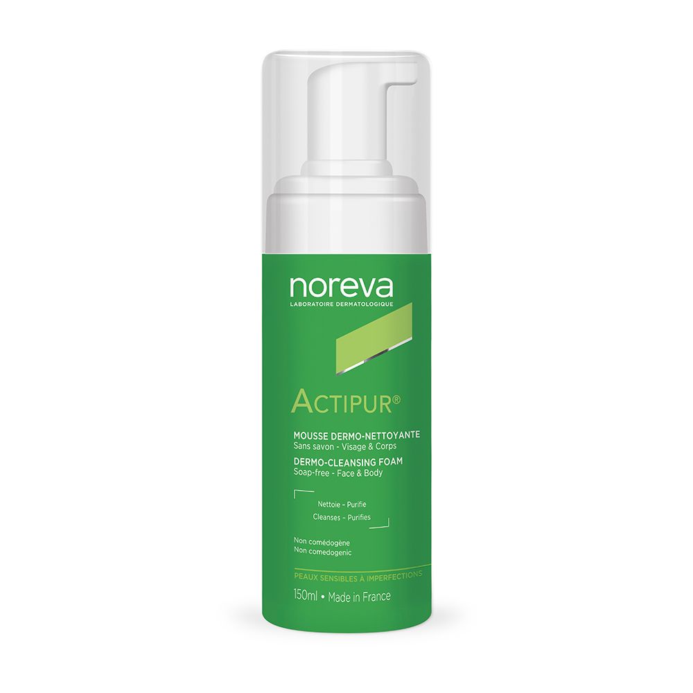 Flacon vert avec pompe blanche. Inscription: noreva, ACTIPUR, mousse nettoyante. Contient 150ml.