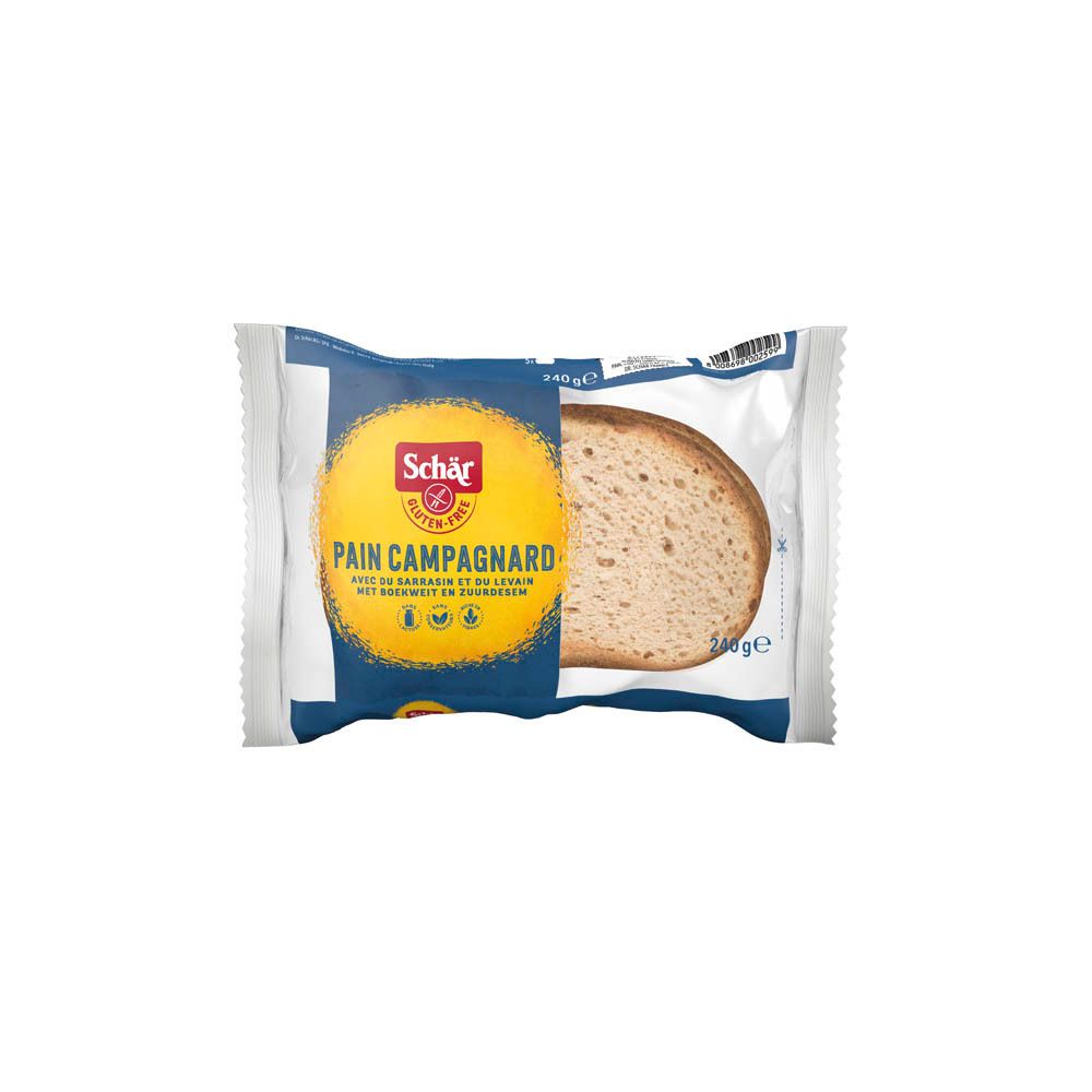 Brood in folieverpakking. Schär, glutenvrij, Pain Campagnard. Met boekweit en zuurdesem. Low FODMAP label voor darmklachten.