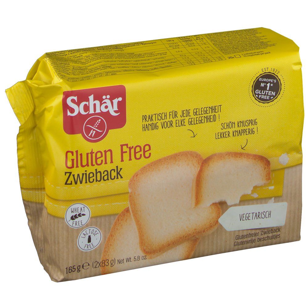 Verpackung von Schär Gluten Free Zwieback. Gelbe Verpackung mit Produktnamen, Gluten Free-Logo und vegetarischem Hinweis. Enthält Zwieback-Scheiben.