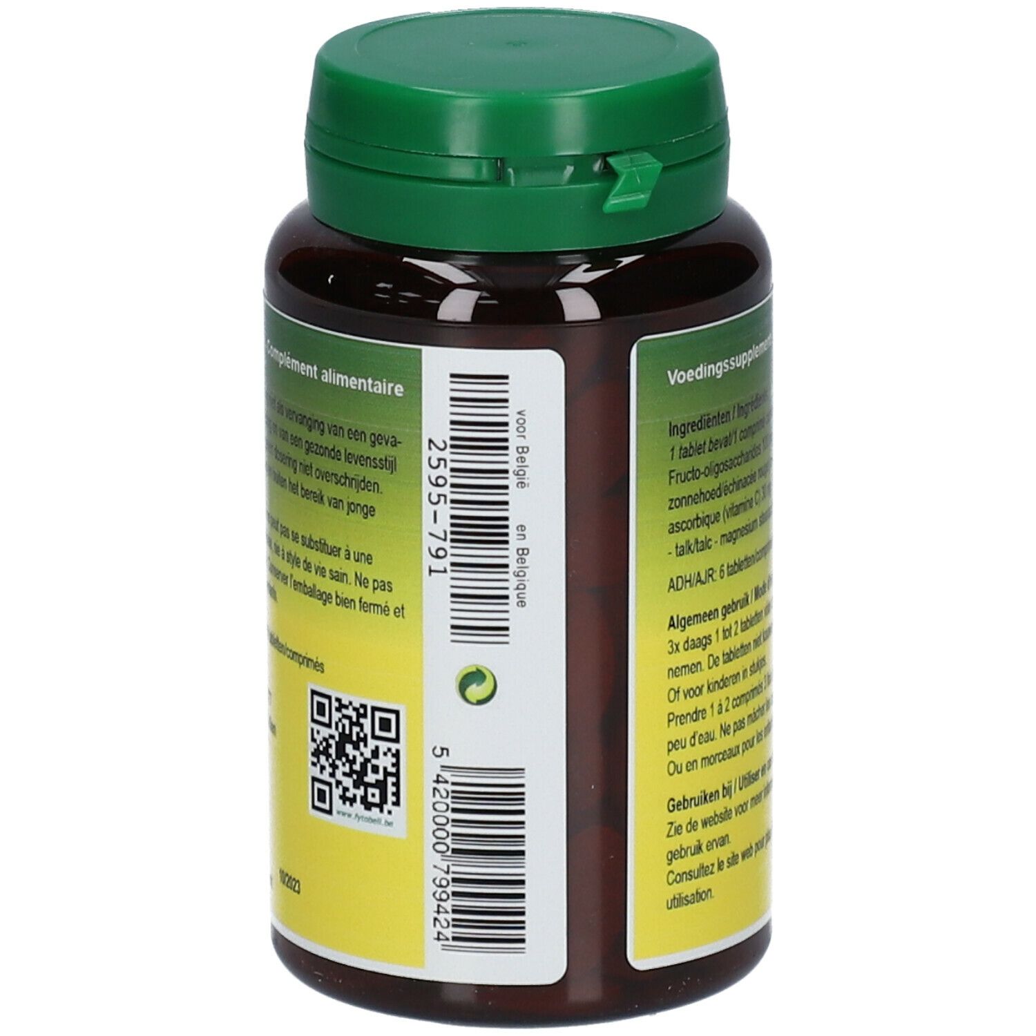 Dos du flacon. Code QR, code-barres et informations fabricant. Texte multilingue.