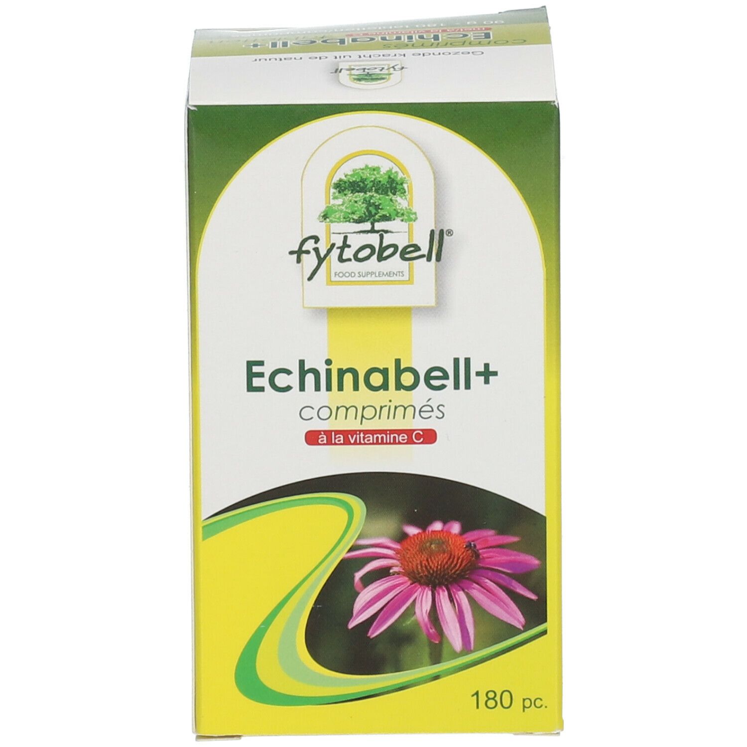 Emballage carton. Nom du produit, fleur d'échinacée et vitamine C. 180 comprimés. Couleurs vert et jaune.