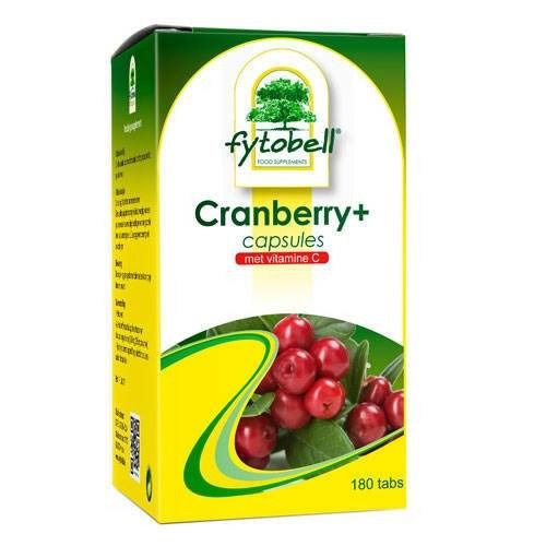 Fytobell Cranberry+ capsules in doos. Gele verpakking met cranberry-afbeelding en tekst.