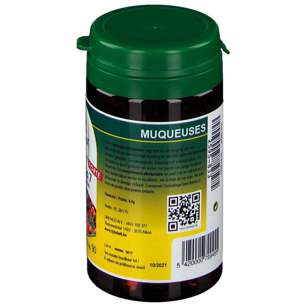 Dos du flacon Fytobell Omega 7 forte. Bouchon vert, étiquette avec texte, QR code et code-barres. Informations sur le produit.