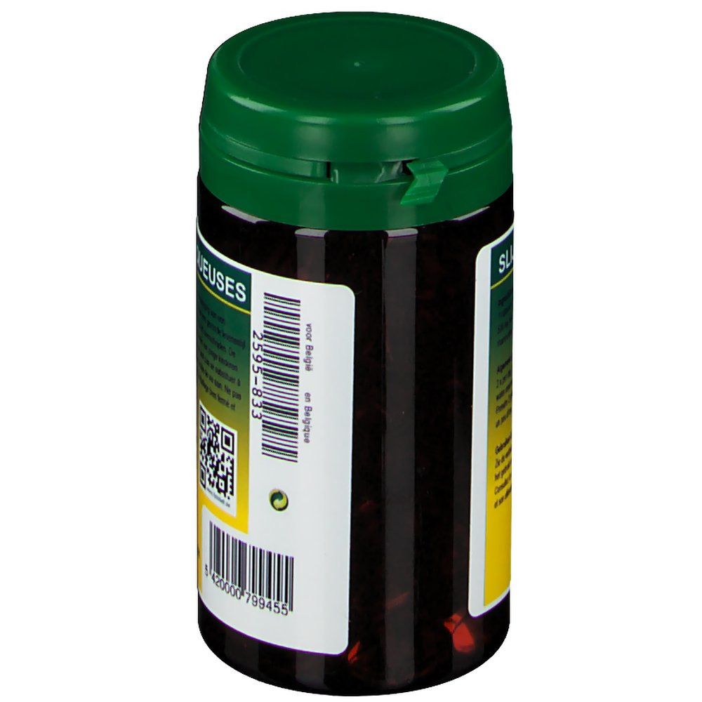 Côté du flacon Fytobell Omega 7 forte. Bouchon vert, étiquette avec texte et code-barres. Informations sur le produit et fabricant.