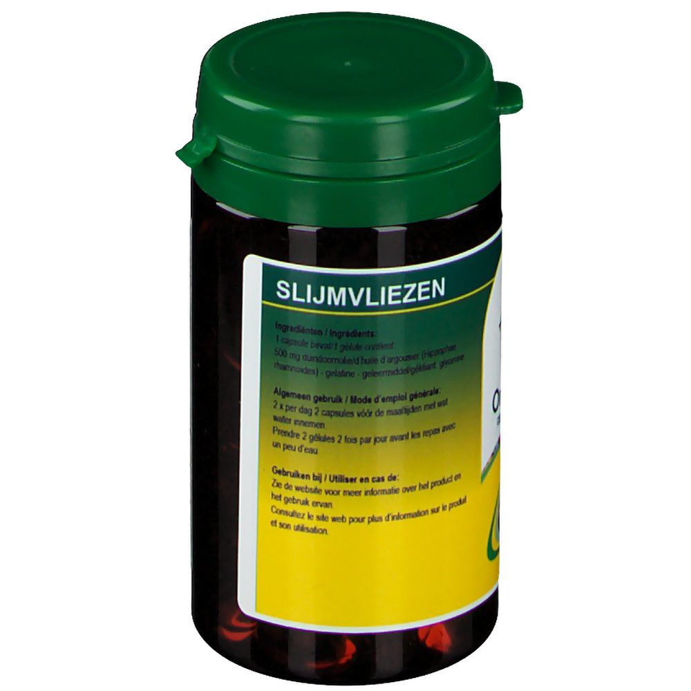 Côté du flacon Fytobell Omega 7 forte. Bouchon vert, étiquette avec texte. Informations sur les ingrédients et l'utilisation.