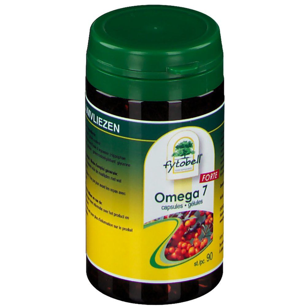 Flacon de Fytobell Omega 7 forte. Bouchon vert, étiquette jaune avec informations et illustration de baies rouges. Capsules.