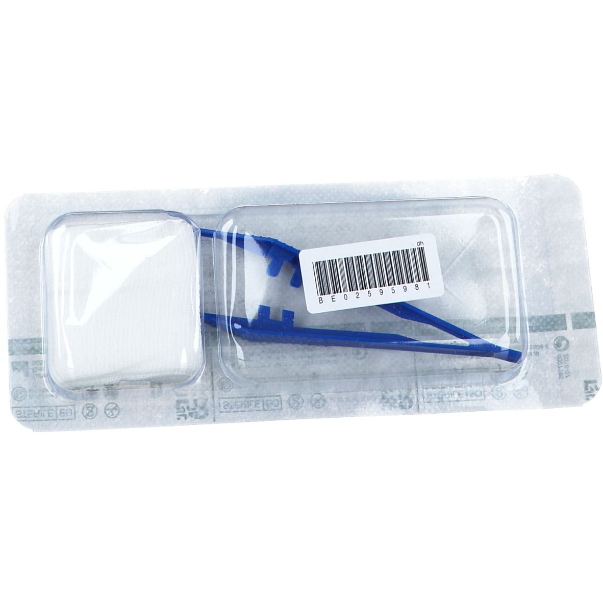 Set de pansement en emballage blister. Contient une pince bleue et une compresse. Code-barres avec numéro. Emballage plastique et papier.