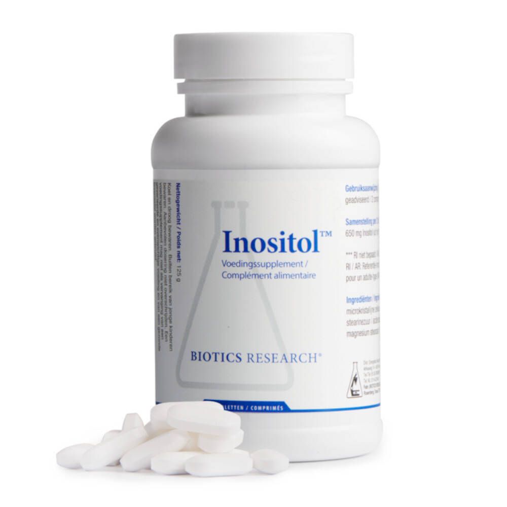 Flacon blanc avec comprimés d'inositol et comprimés à côté. Inscription : BIOTICS RESEARCH, Inositol™.