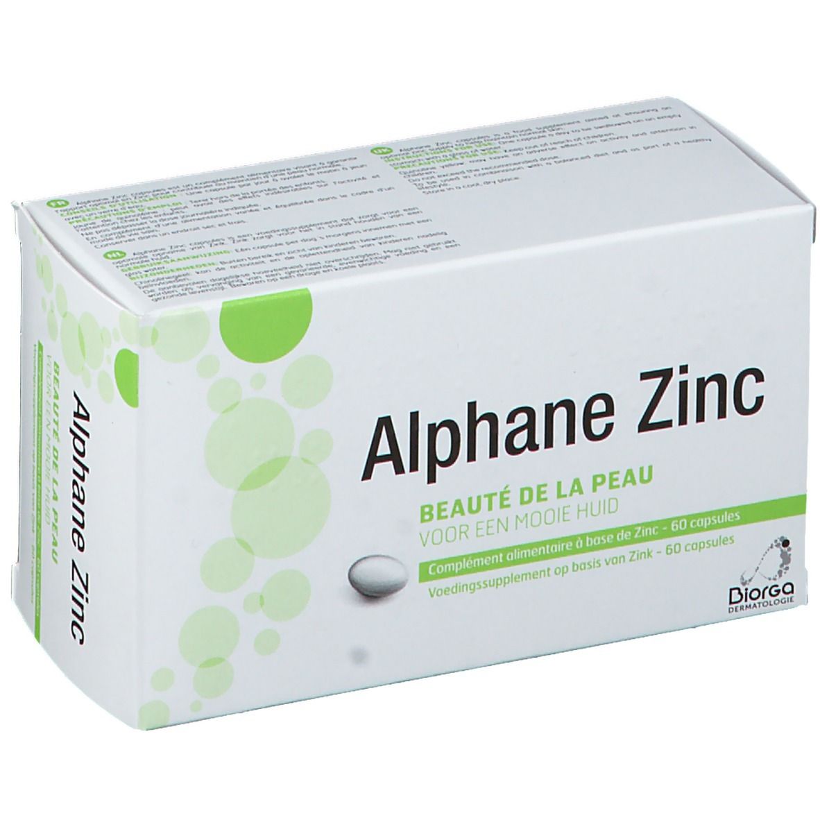 Boîte blanche avec éléments verts. Inscription: Alphane Zinc, Beauté de la Peau, 60 capsules. Marque Diorga Dermatologie.