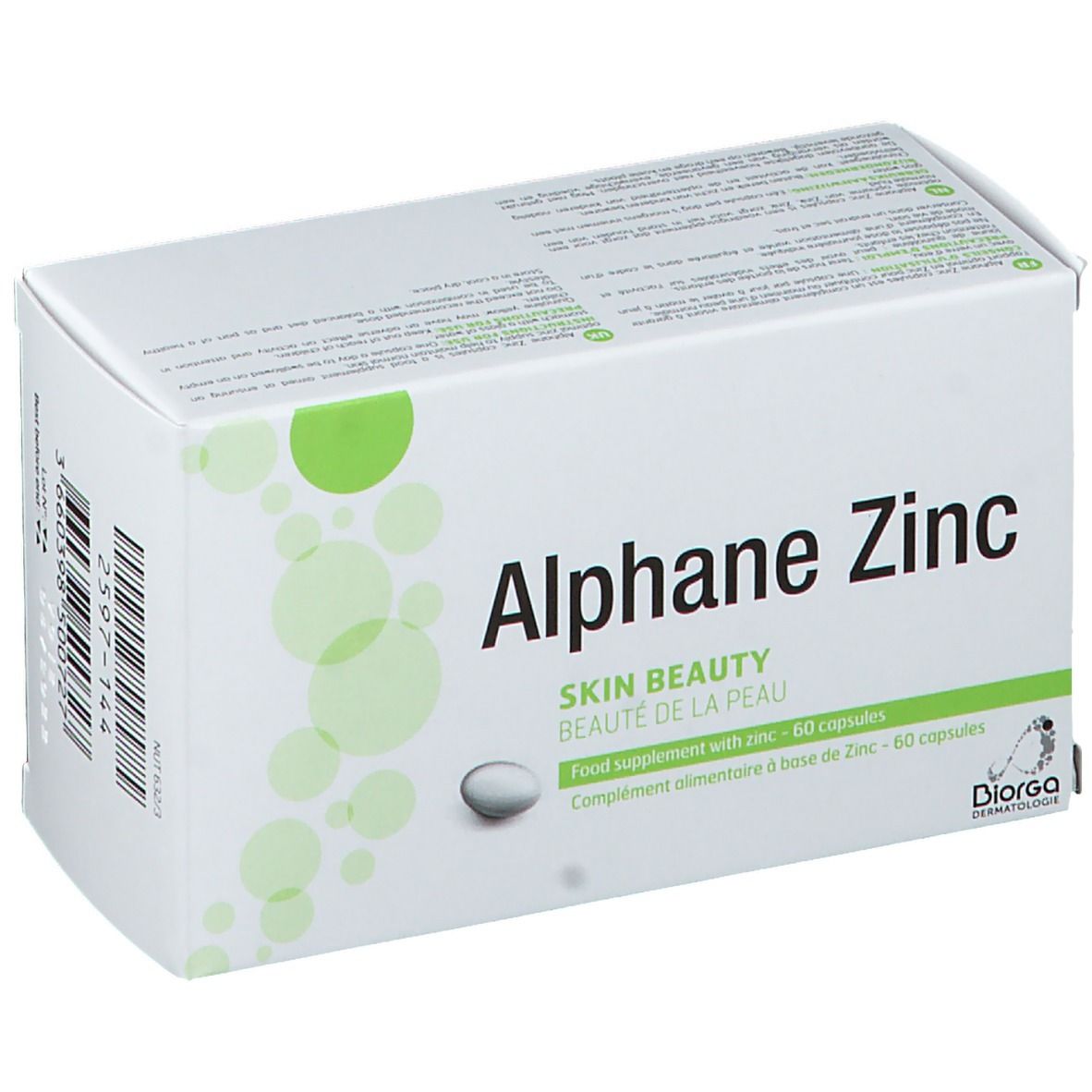 Boîte blanche avec éléments verts. Inscription: Alphane Zinc, Skin Beauty, 60 capsules. Marque Diorga Dermatologie.