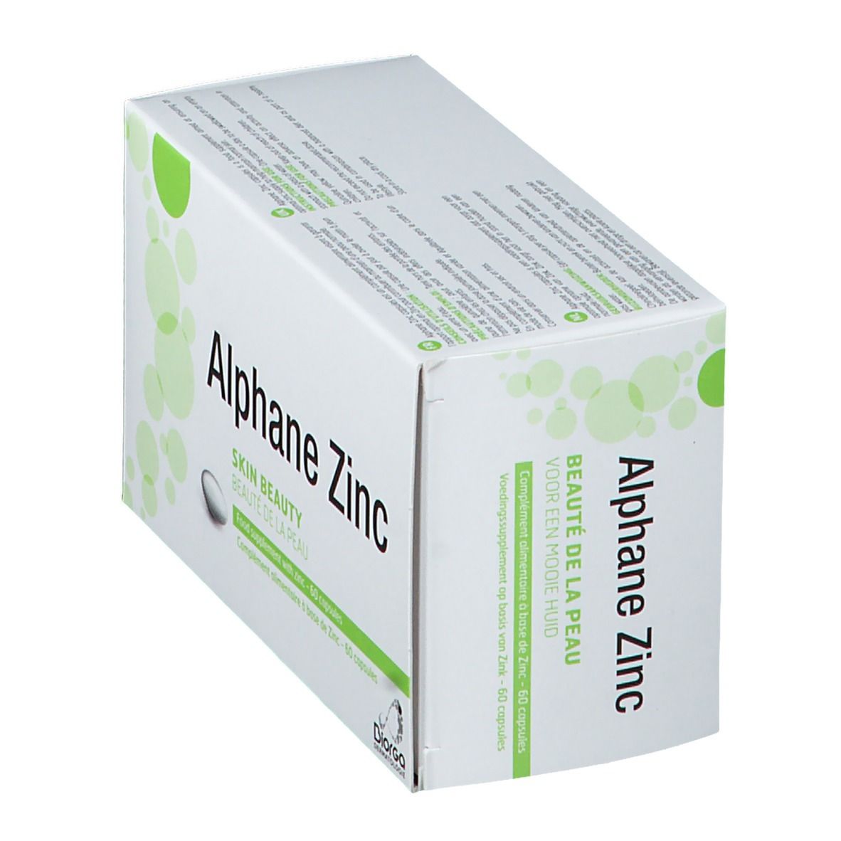 Boîte blanche inclinée avec éléments verts. Inscription: Alphane Zinc, Skin Beauty, 60 capsules. Marque Diorga.