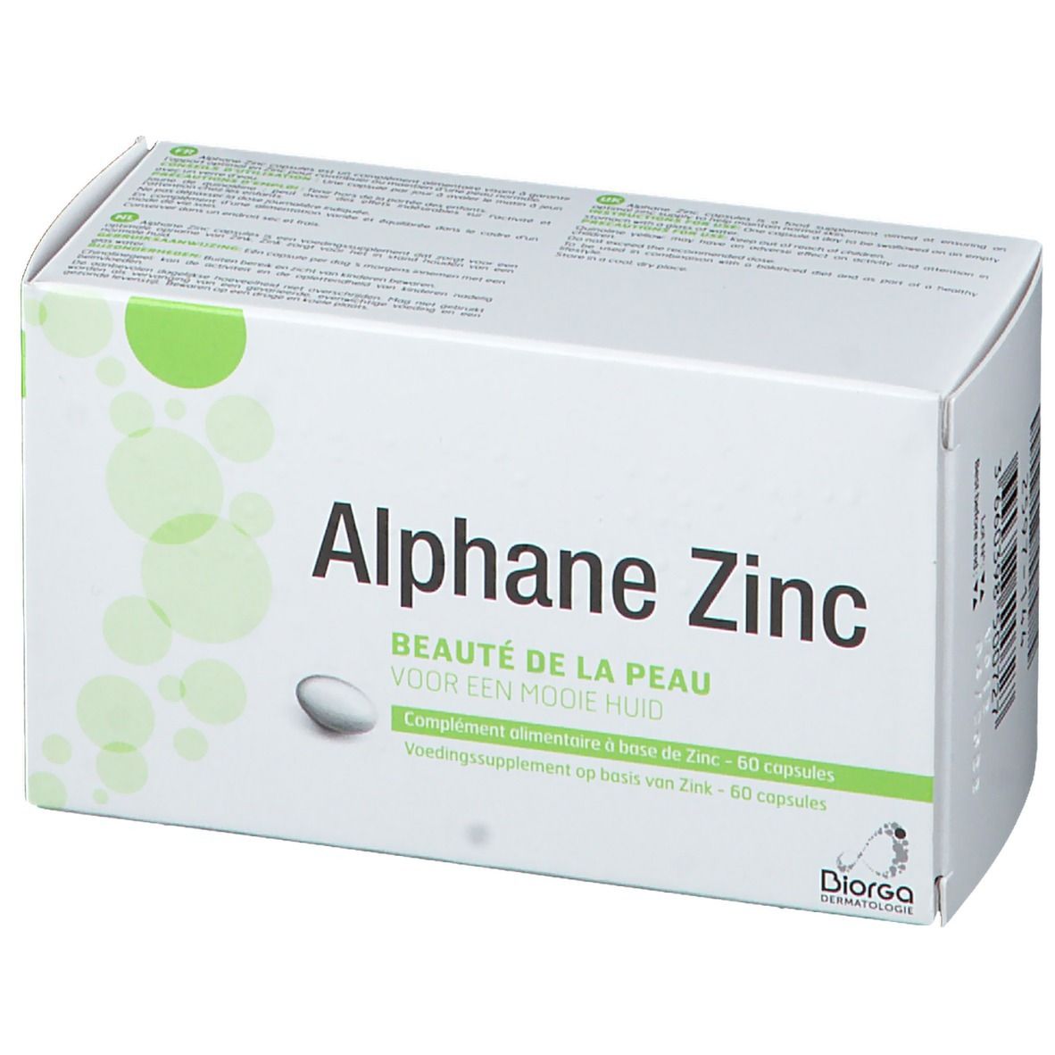 Boîte blanche avec éléments verts. Inscription: Alphane Zinc, Beauté de la Peau, 60 capsules. Marque Diorga Dermatologie.