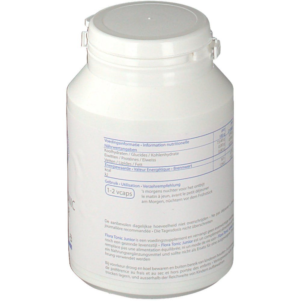 Weiße Flasche mit Deckel. Rückseite mit Text und Nährwertangaben in mehreren Sprachen.