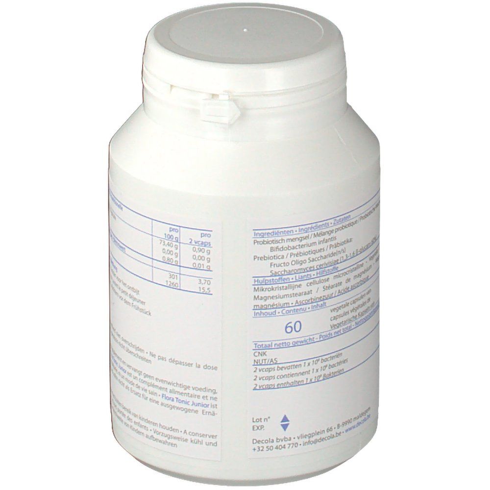 Weiße Flasche mit Deckel. Rückseite mit Text, Zutaten und Nährwertangaben. 60 Kapseln.