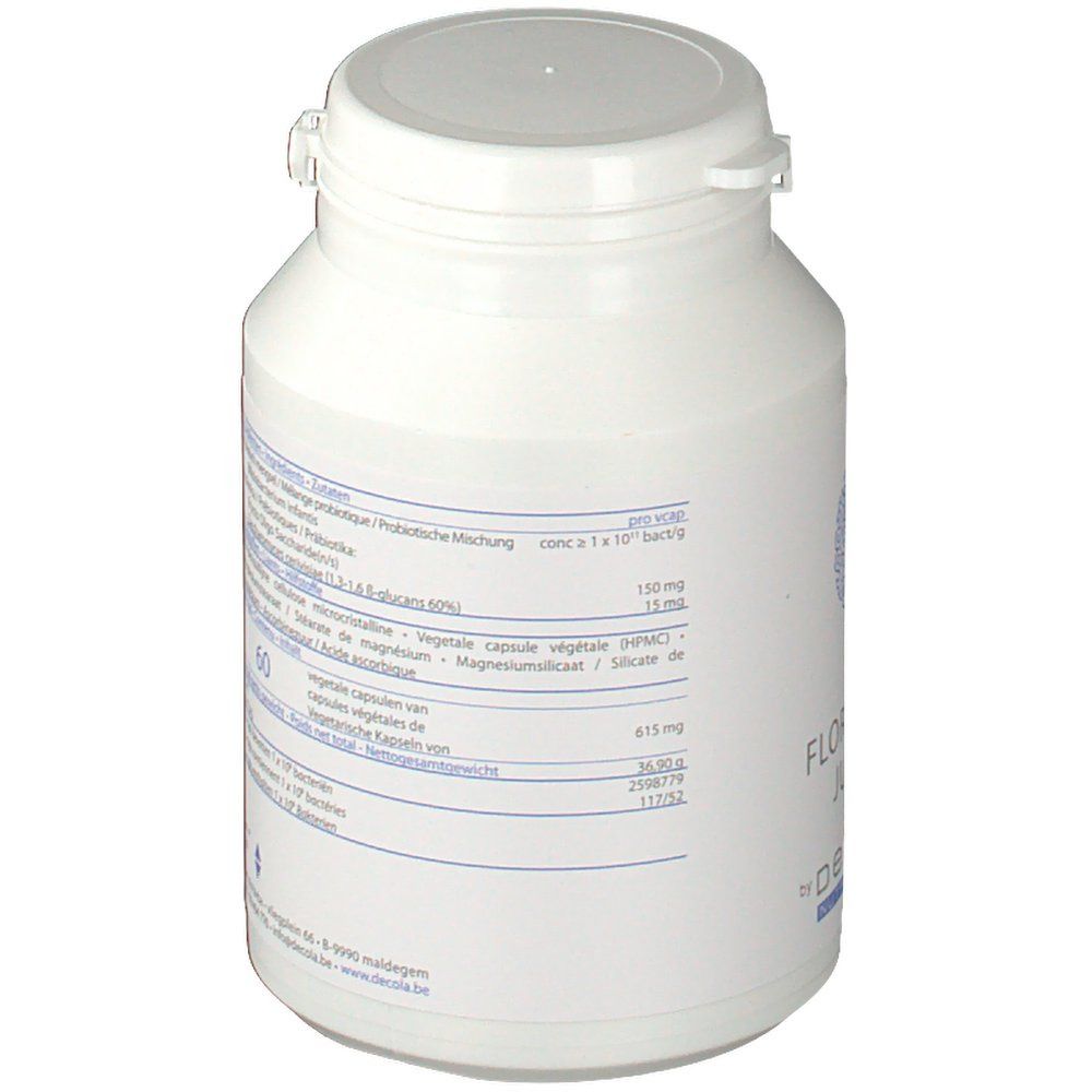 Weiße Flasche mit Deckel. Rückseite mit Text, Zutaten und Nährwertangaben. 60 Kapseln.