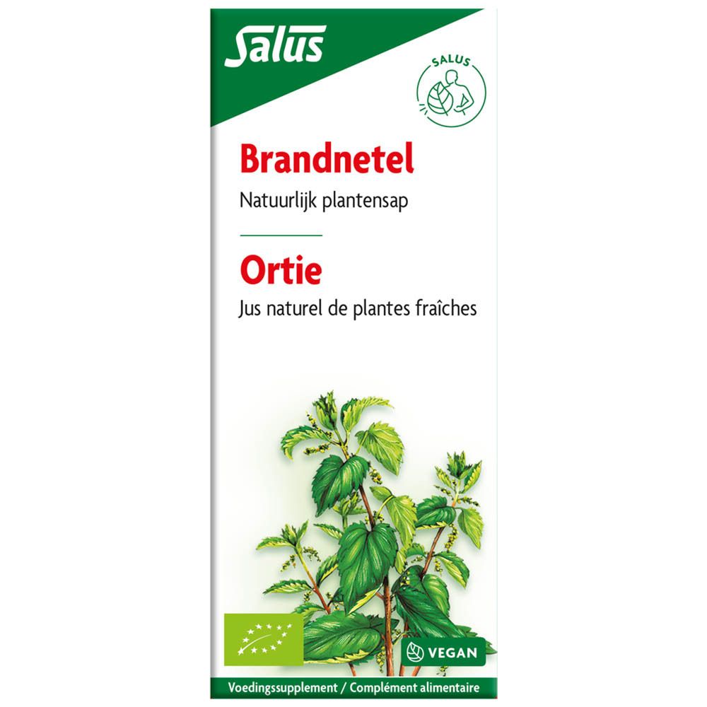 Salus Brandnetel. Boîte en carton avec image d'ortie. Texte: Brandnetel, Natuurlijk plantensap. Label vegan.
