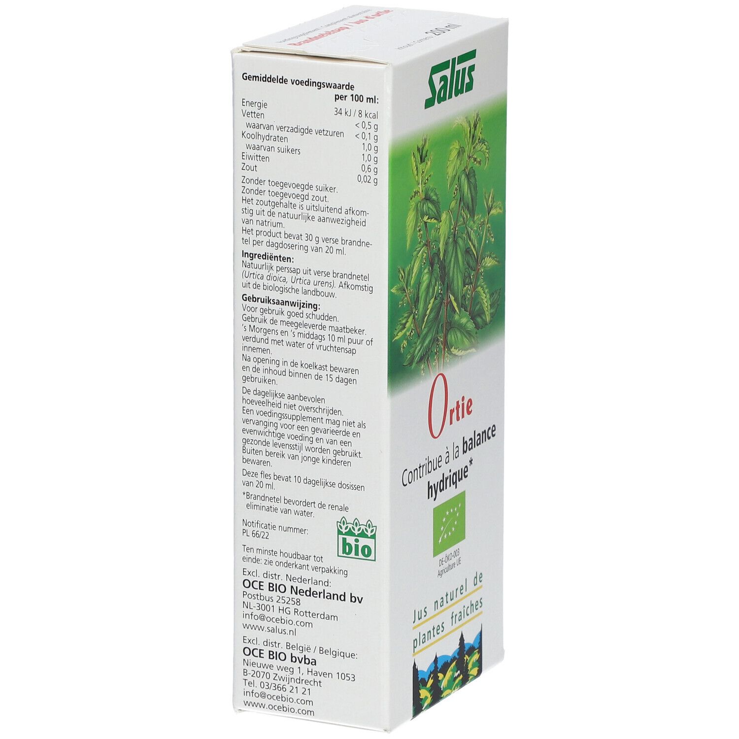 Salus Jus Ortie. Vue latérale de la boîte avec informations nutritionnelles et texte. Label bio. Texte en néerlandais.