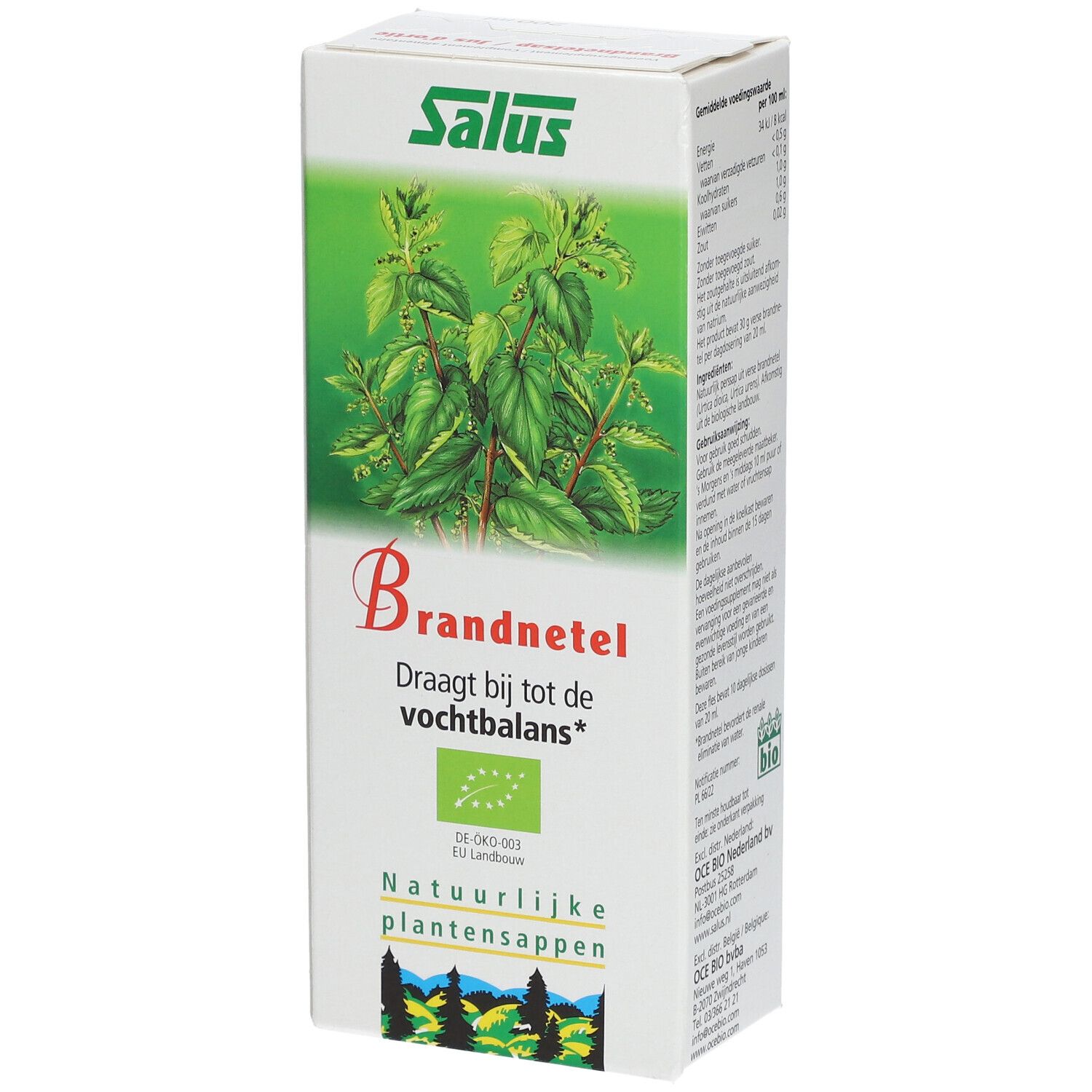 Salus Brandnetel. Boîte en carton avec image d'ortie. Texte: Brandnetel, Draagt bij tot de vochtbalans*. Label bio.