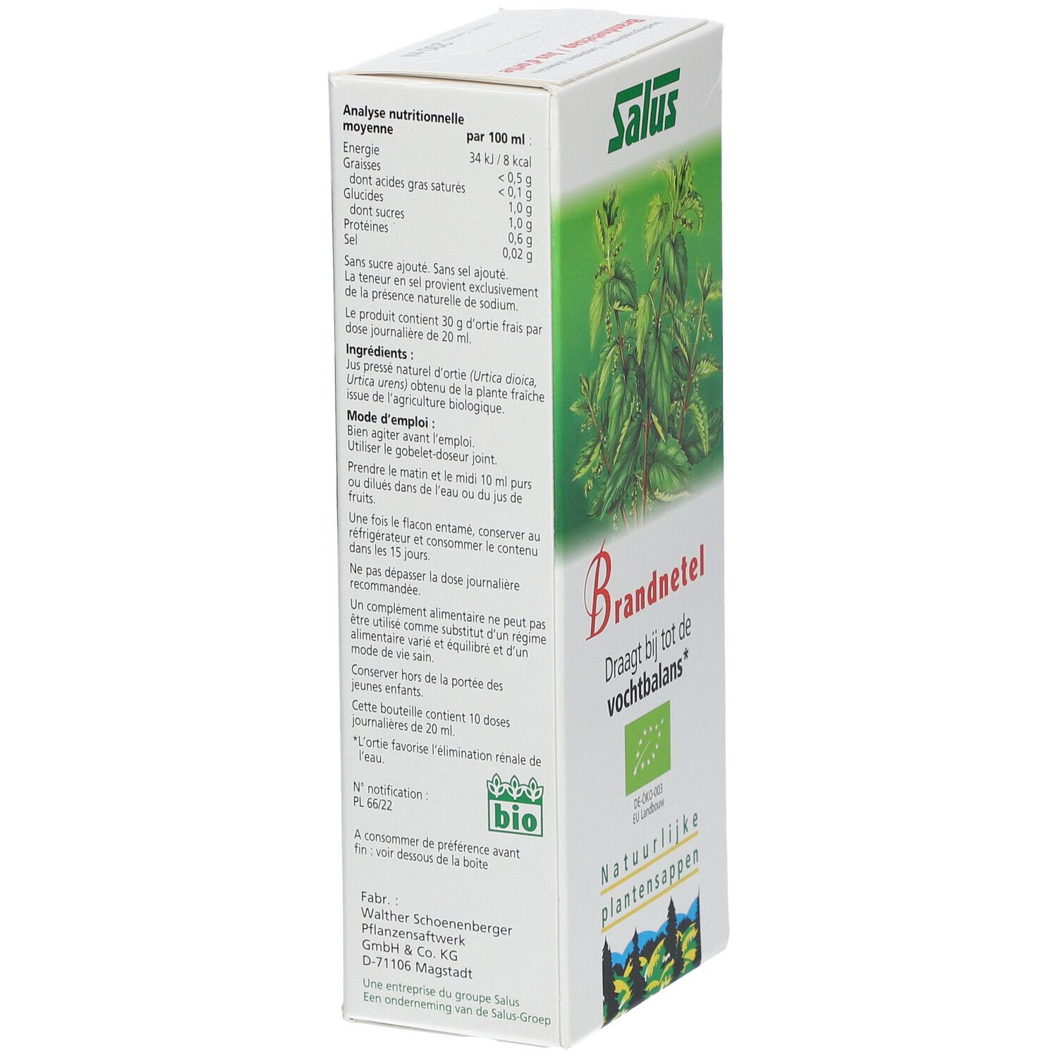 Salus Brandnetel. Vue latérale de la boîte avec informations nutritionnelles et texte. Label bio. Texte en néerlandais.