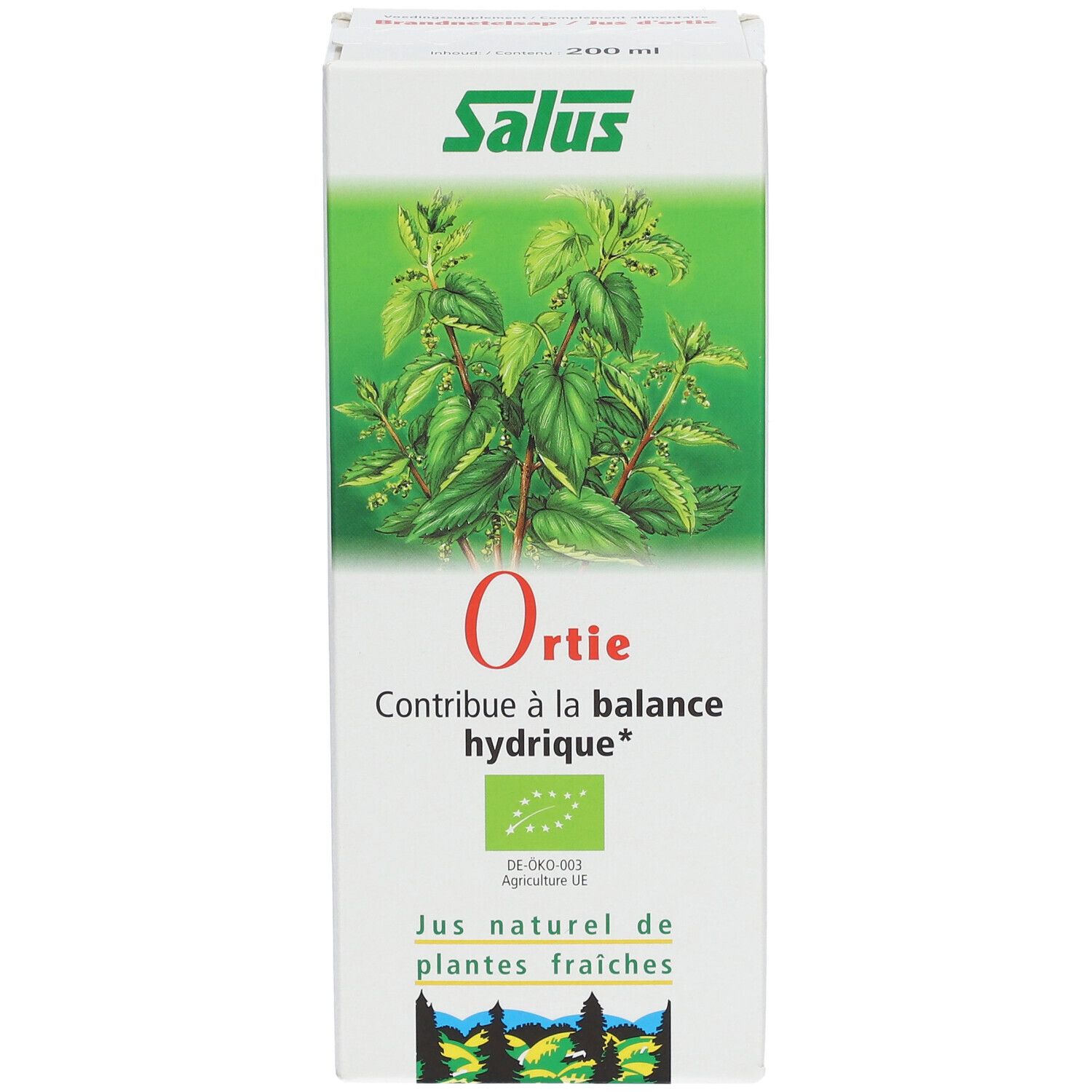 Salus Jus Ortie. Boîte en carton avec image d'ortie. Texte: Ortie, Contribue à la balance hydrique*. Label bio.