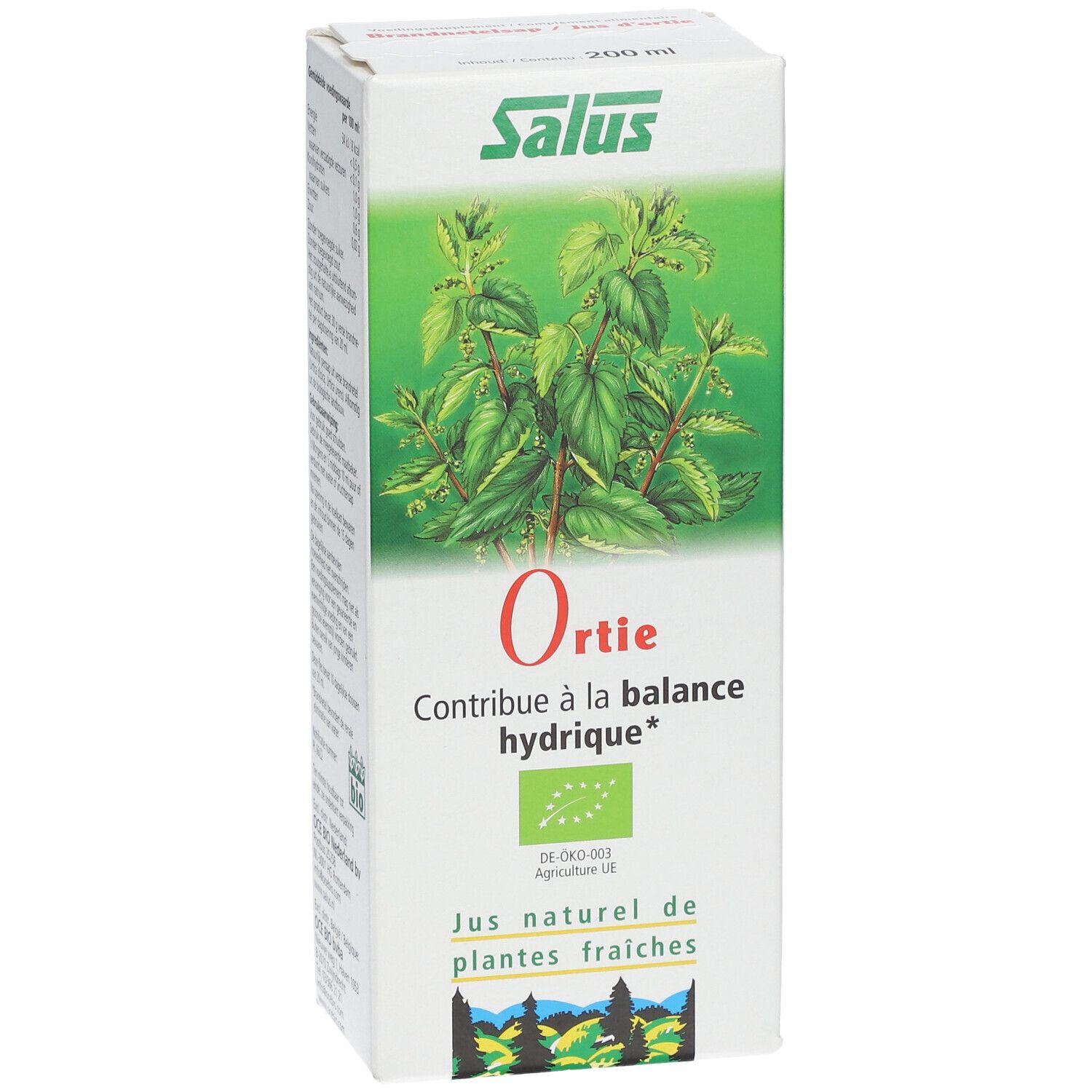 Salus Jus Ortie. Boîte en carton avec image d'ortie. Texte: Ortie, Contribue à la balance hydrique*.