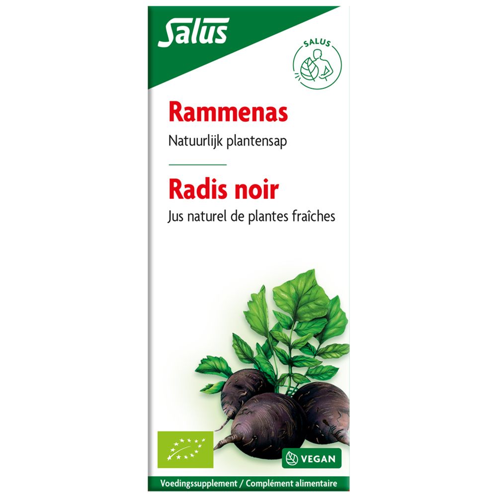 Emballage produit Salus avec radis noirs et feuilles. Texte: Rammenas, Natuurlijk plantensap, Radis noir. Label Vegan.