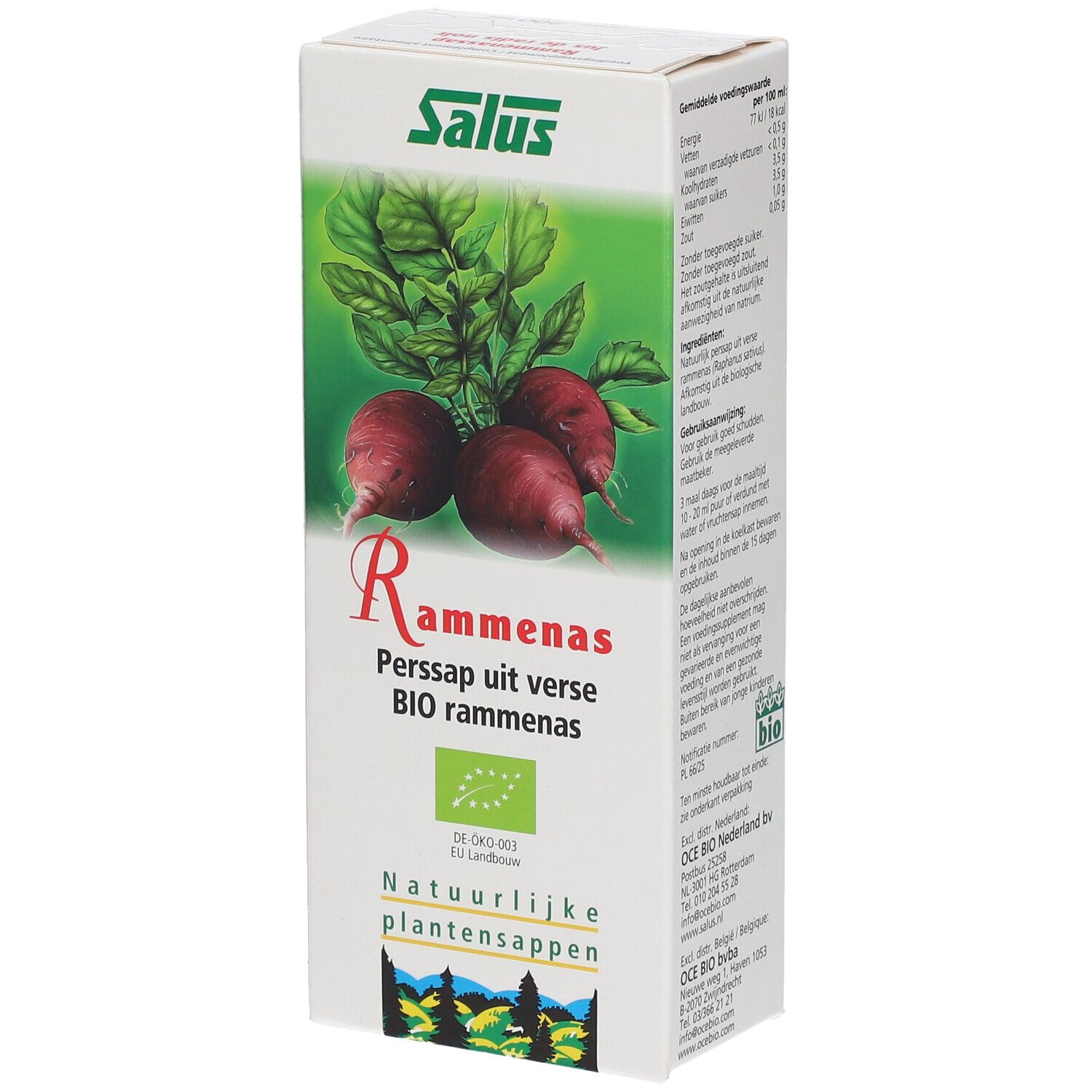 Boîte Salus avec radis noirs et feuilles. Texte: Rammenas, Perssap uit verse BIO rammenas. Informations nutritionnelles et mode d'emploi.