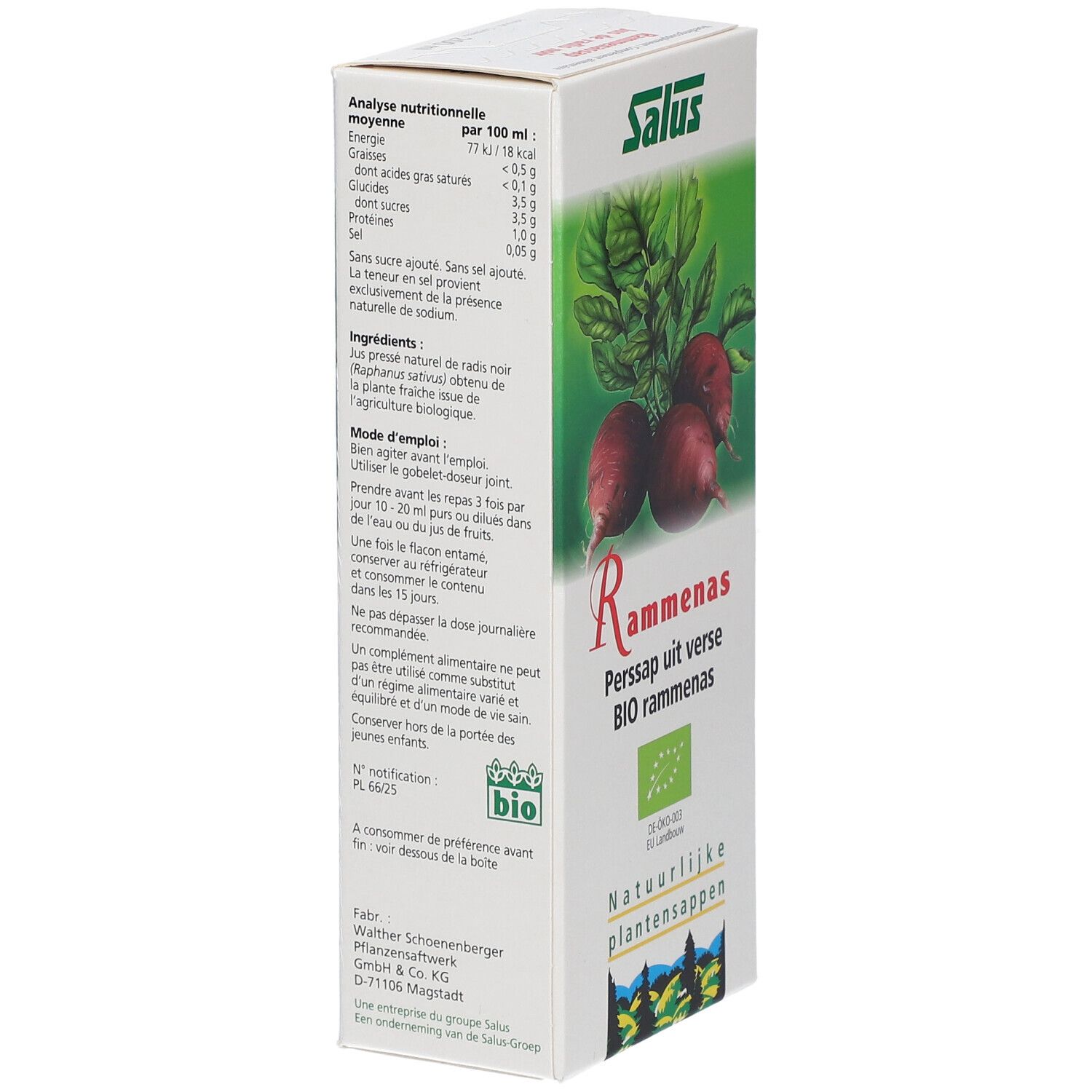 Boîte Salus avec radis noirs et feuilles. Texte: Rammenas, Perssap uit verse BIO rammenas. Informations nutritionnelles et mode d'emploi.