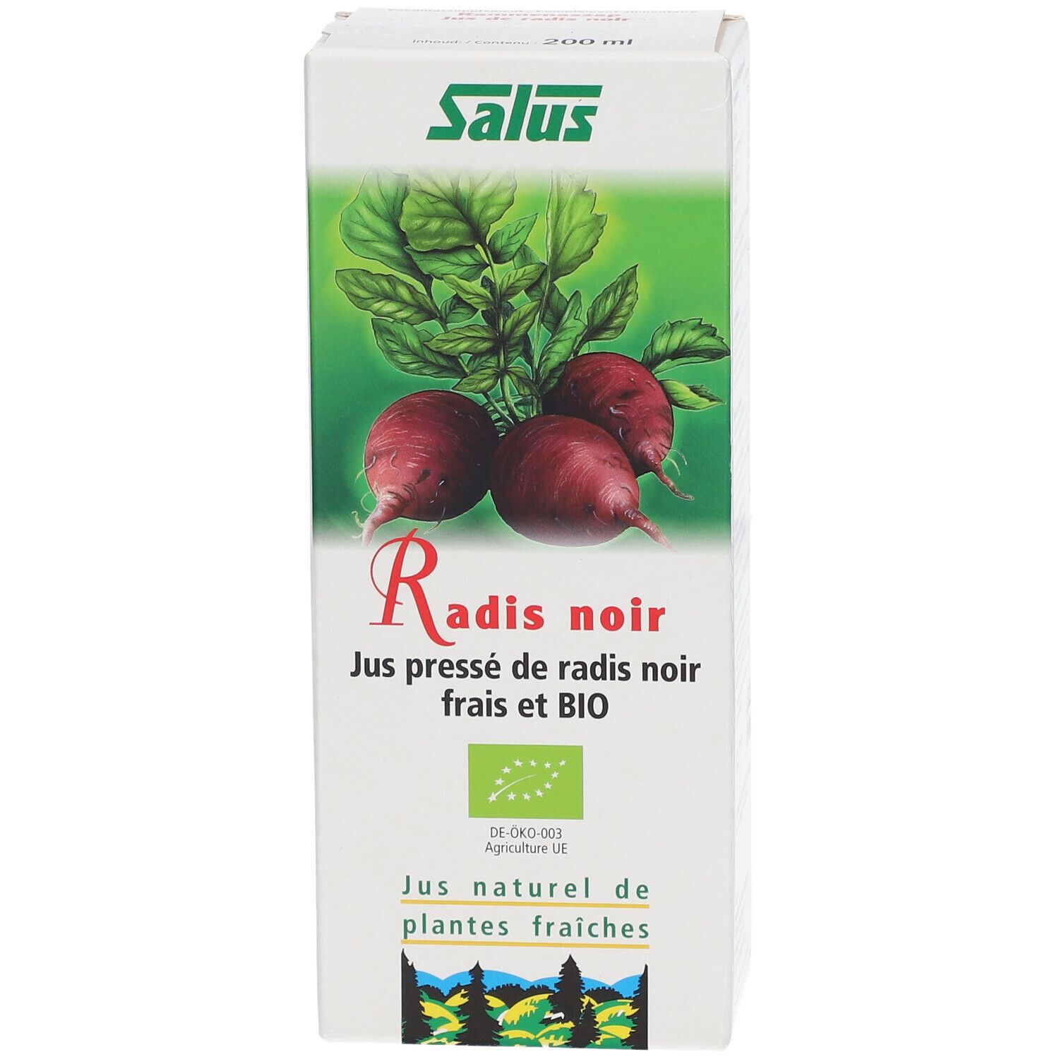 Boîte blanche Salus avec illustration de radis noirs et feuilles. Texte: Radis noir, Jus pressé de radis noir frais et BIO. 200 ml.