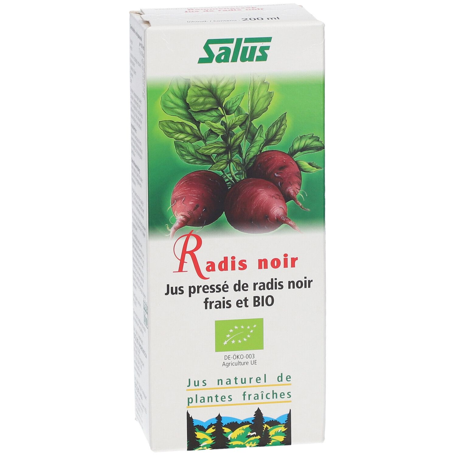 Boîte blanche Salus avec illustration de radis noirs et feuilles. Texte: Radis noir, Jus pressé de radis noir frais et BIO. 200 ml.