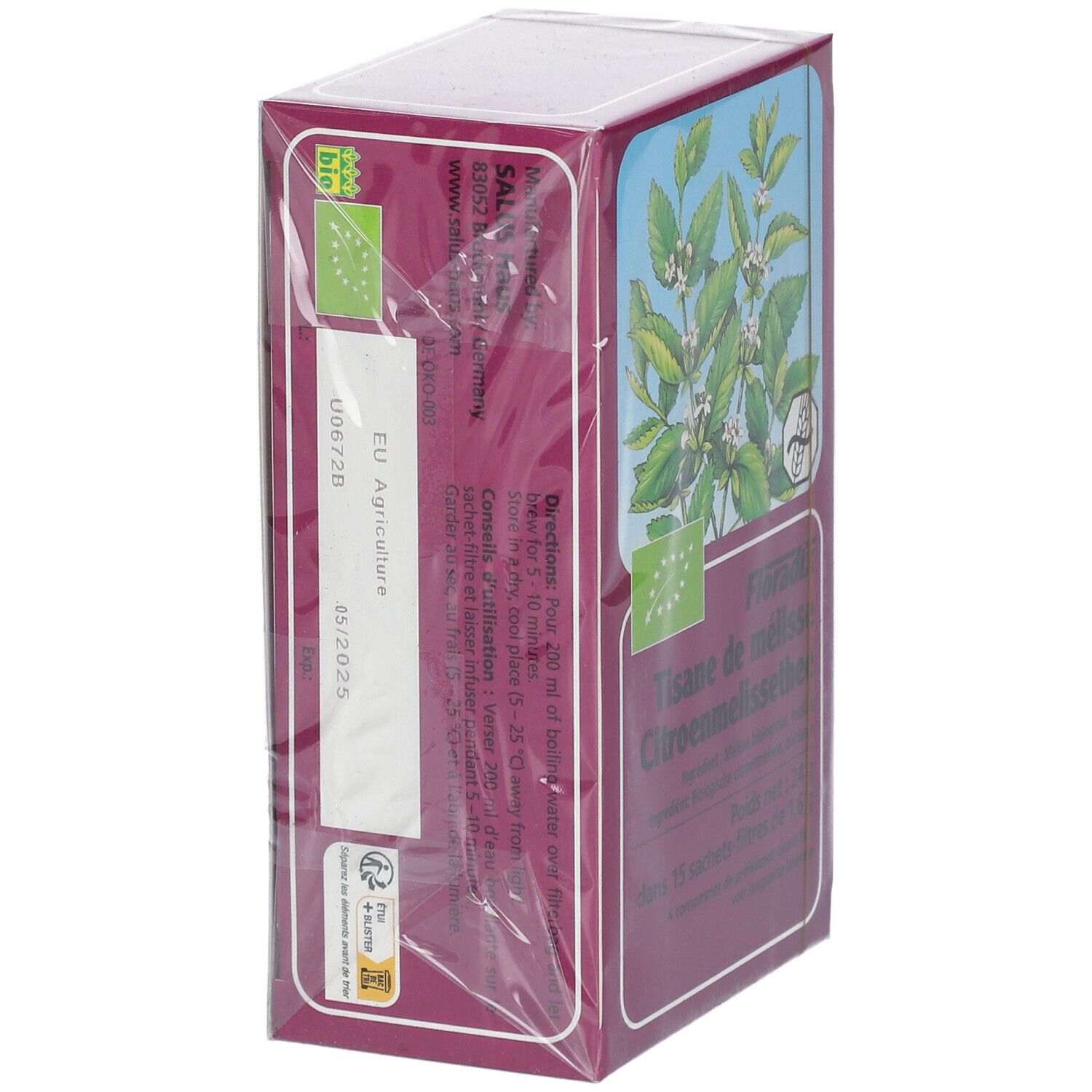 Boîte de tisane de mélisse citronnelle, label bio, 15 sachets-filtres. Vue latérale.