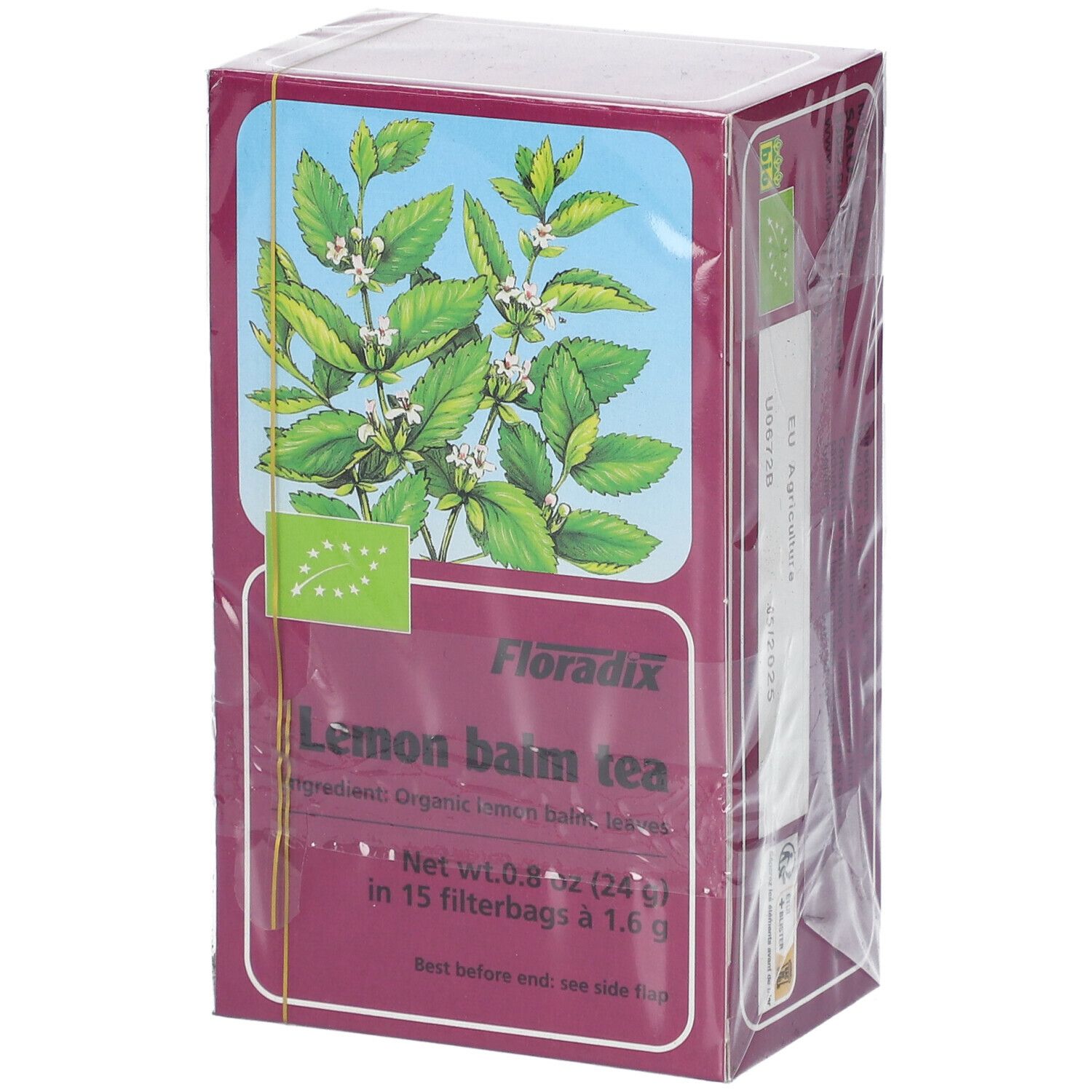 Boîte de tisane à la mélisse, label bio, 15 sachets-filtres. Image de feuilles et fleurs.