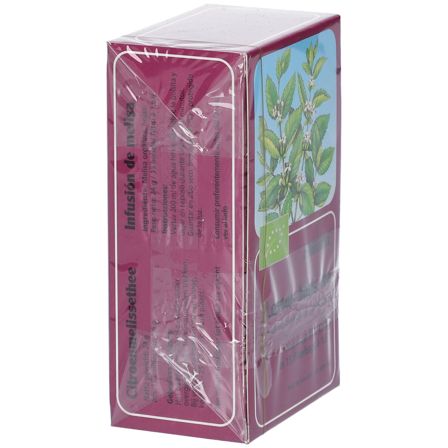 Boîte de tisane à la mélisse citronnelle, label bio, 15 sachets-filtres. Vue latérale.