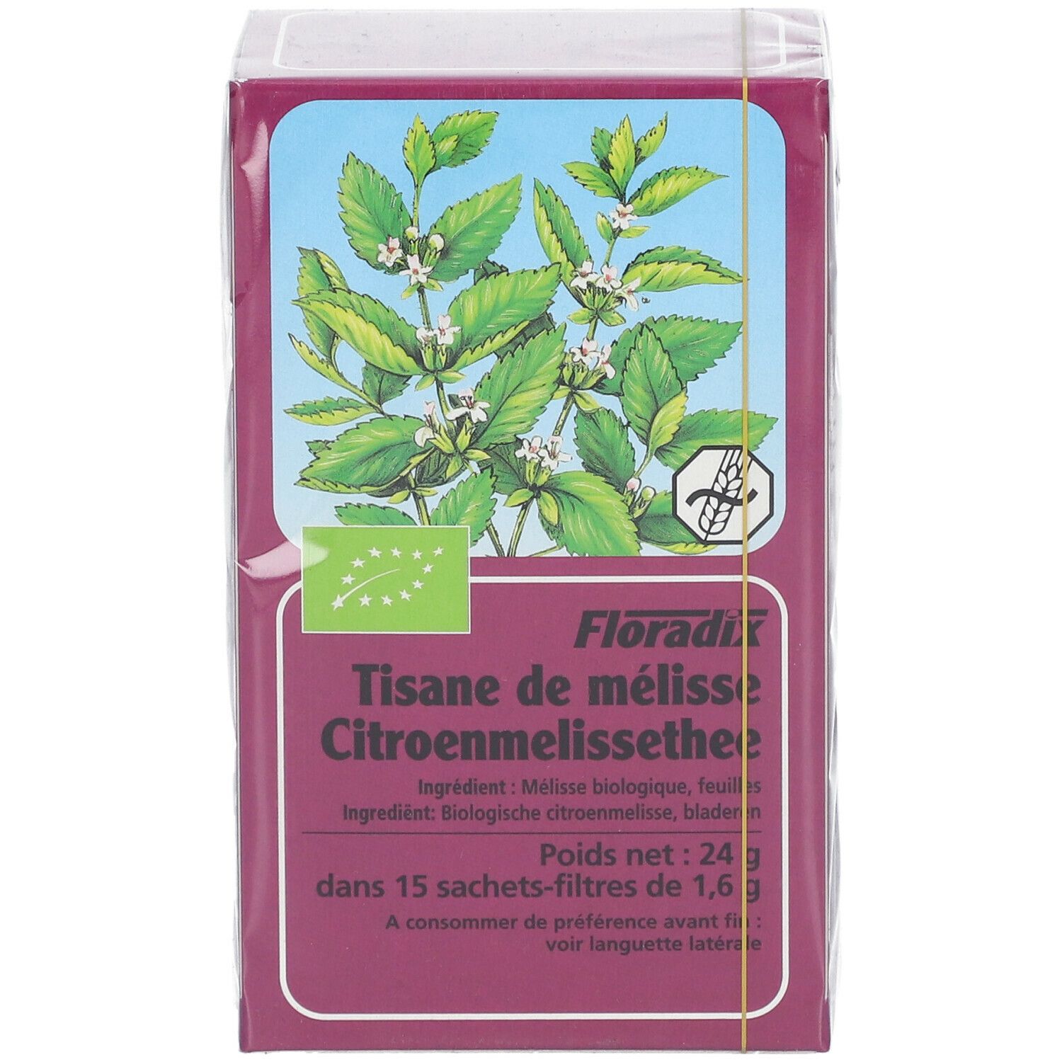 Boîte de tisane de mélisse citronnelle, label bio, 15 sachets-filtres. Image de feuilles et fleurs.