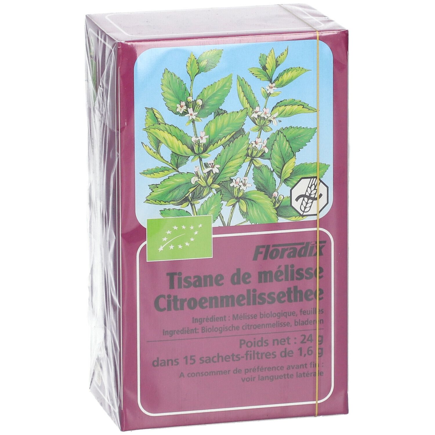 Boîte de tisane de mélisse citronnelle, label bio, 15 sachets-filtres. Image de feuilles et fleurs.