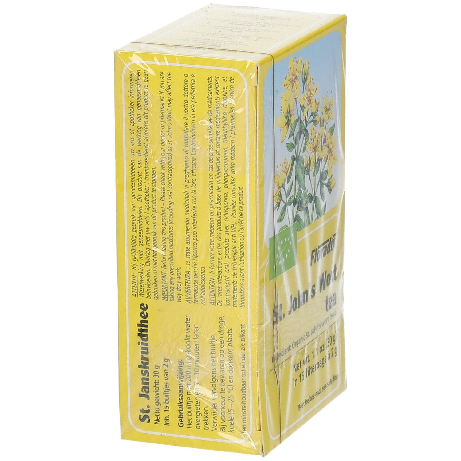 Boîte jaune de thé Floradix St. John's Wort. Texte multilingue. Label bio. Emballé dans du plastique.