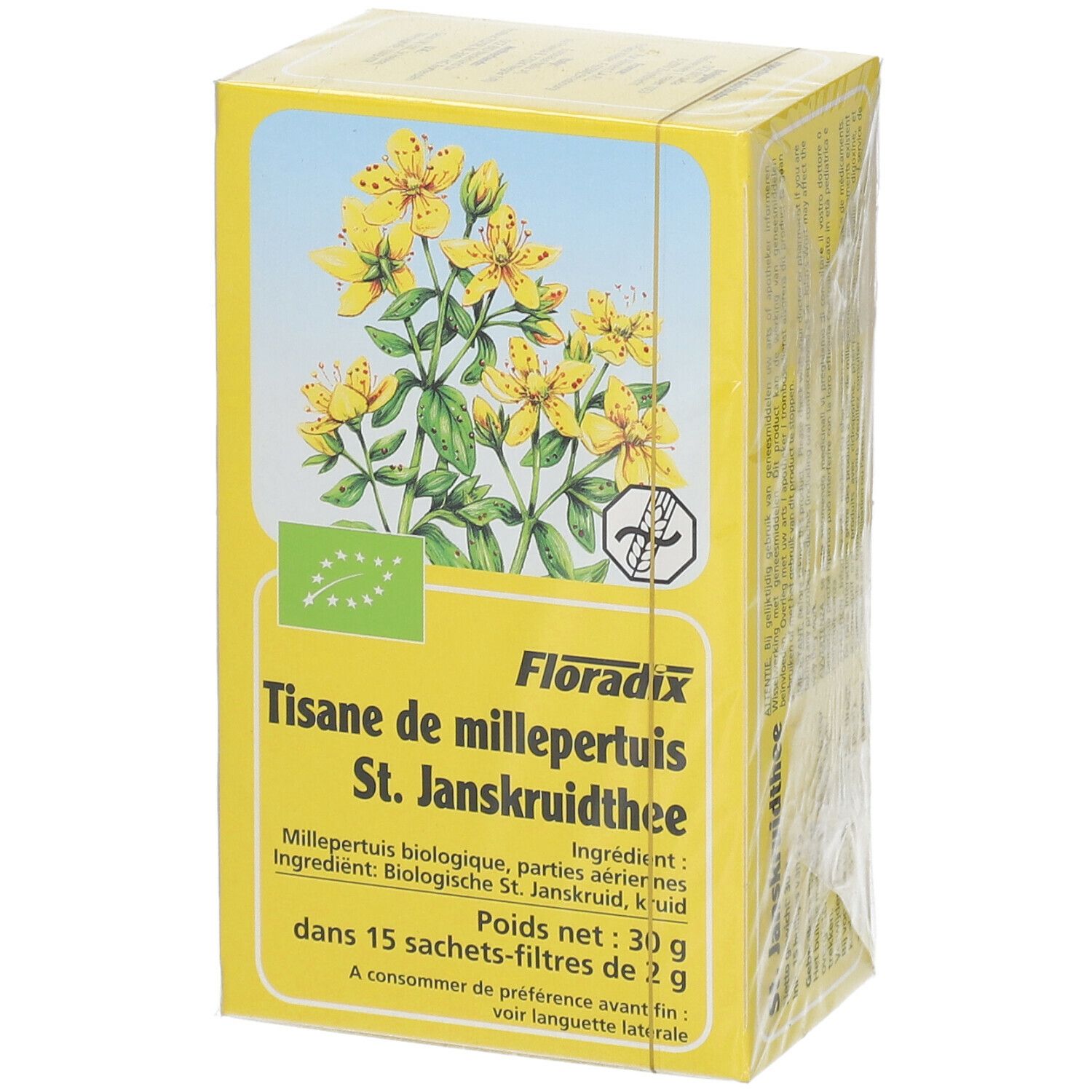 Boîte jaune de thé Floradix. Illustration de fleurs de millepertuis. Texte : Tisane de millepertuis St. Janskruidthee. Label bio.