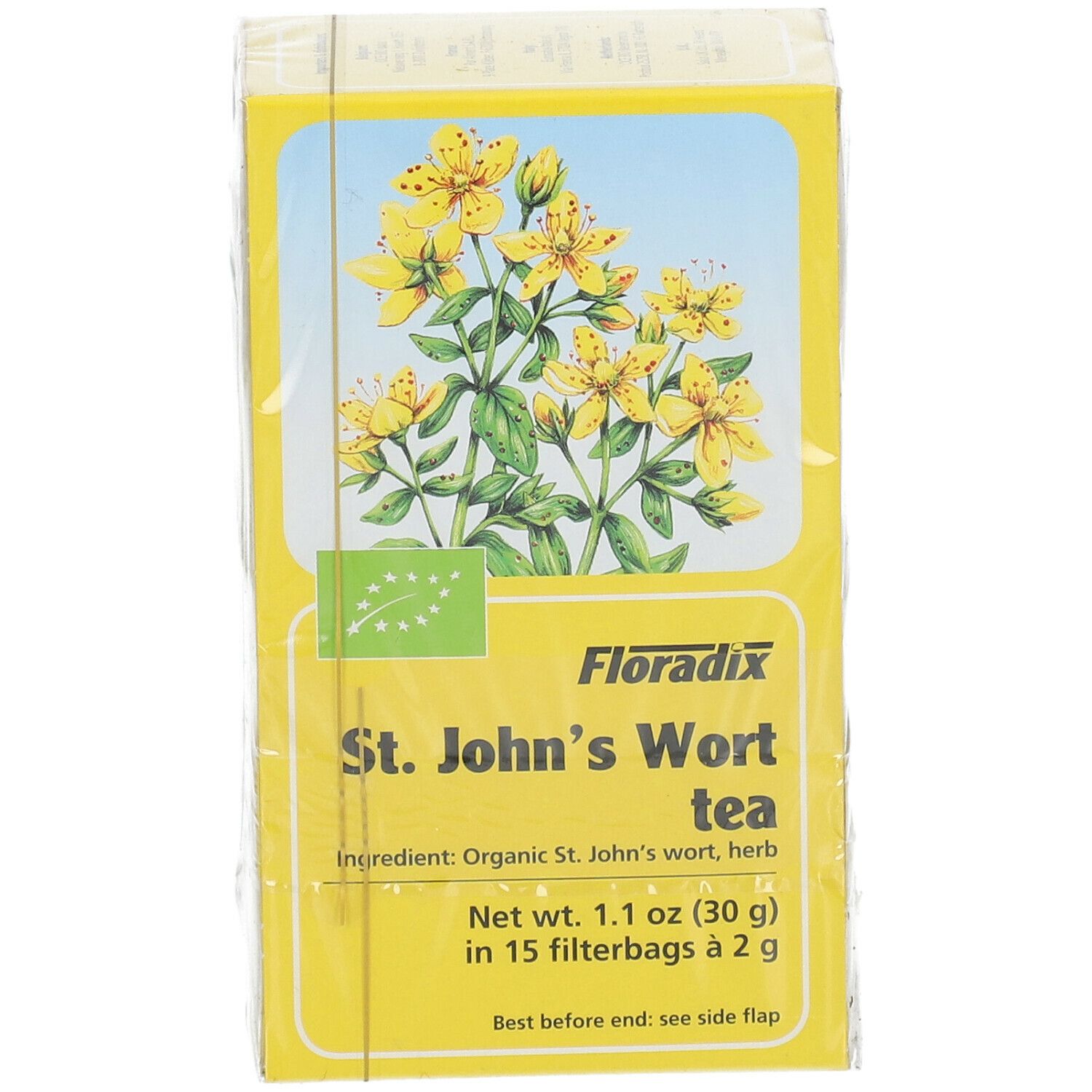 Boîte jaune de thé Floradix St. John's Wort. Illustration de fleurs de millepertuis. Texte : St. John's Wort tea. Label bio.