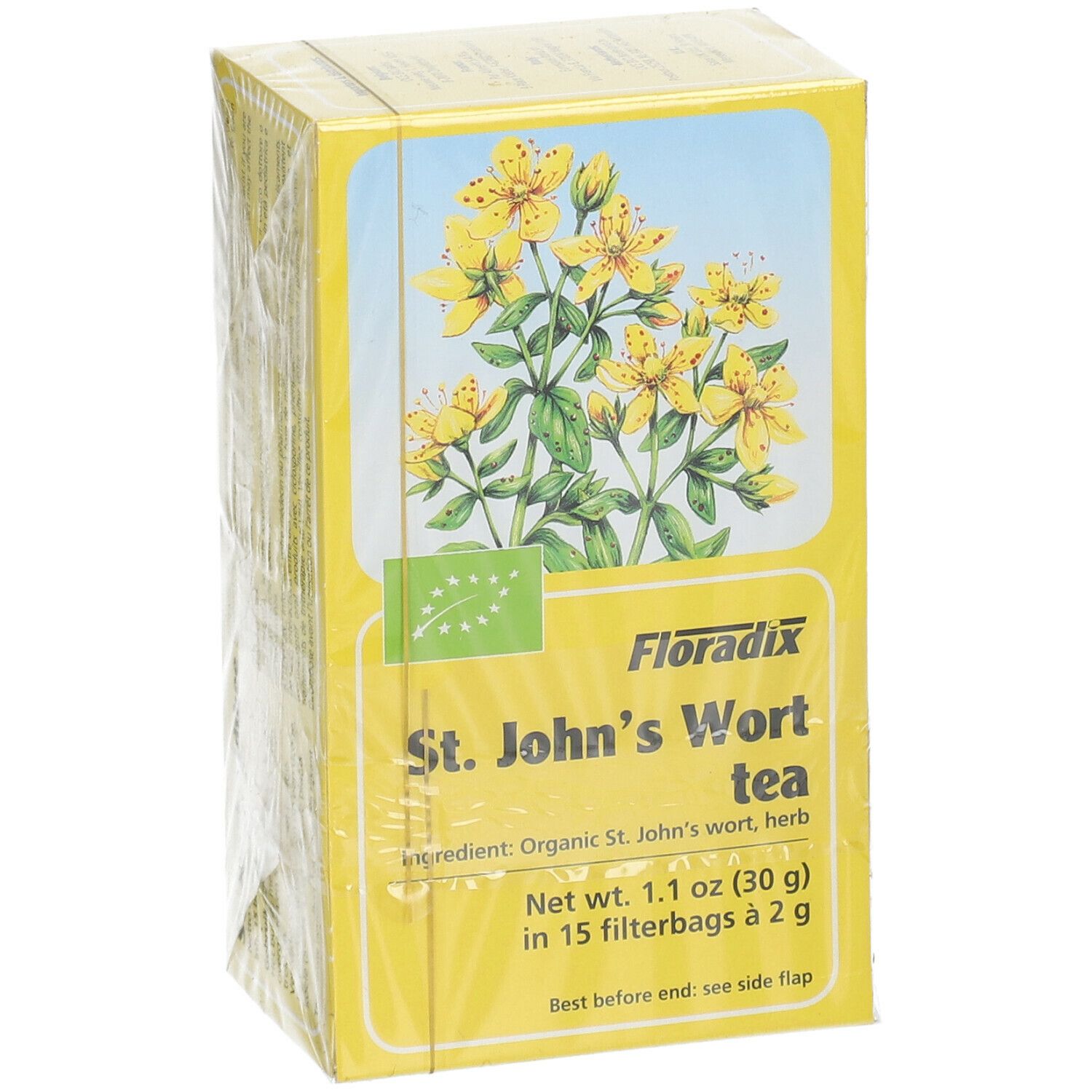 Boîte jaune de thé Floradix St. John's Wort. Illustration de fleurs de millepertuis. Texte : St. John's Wort tea. Emballé dans du plastique.