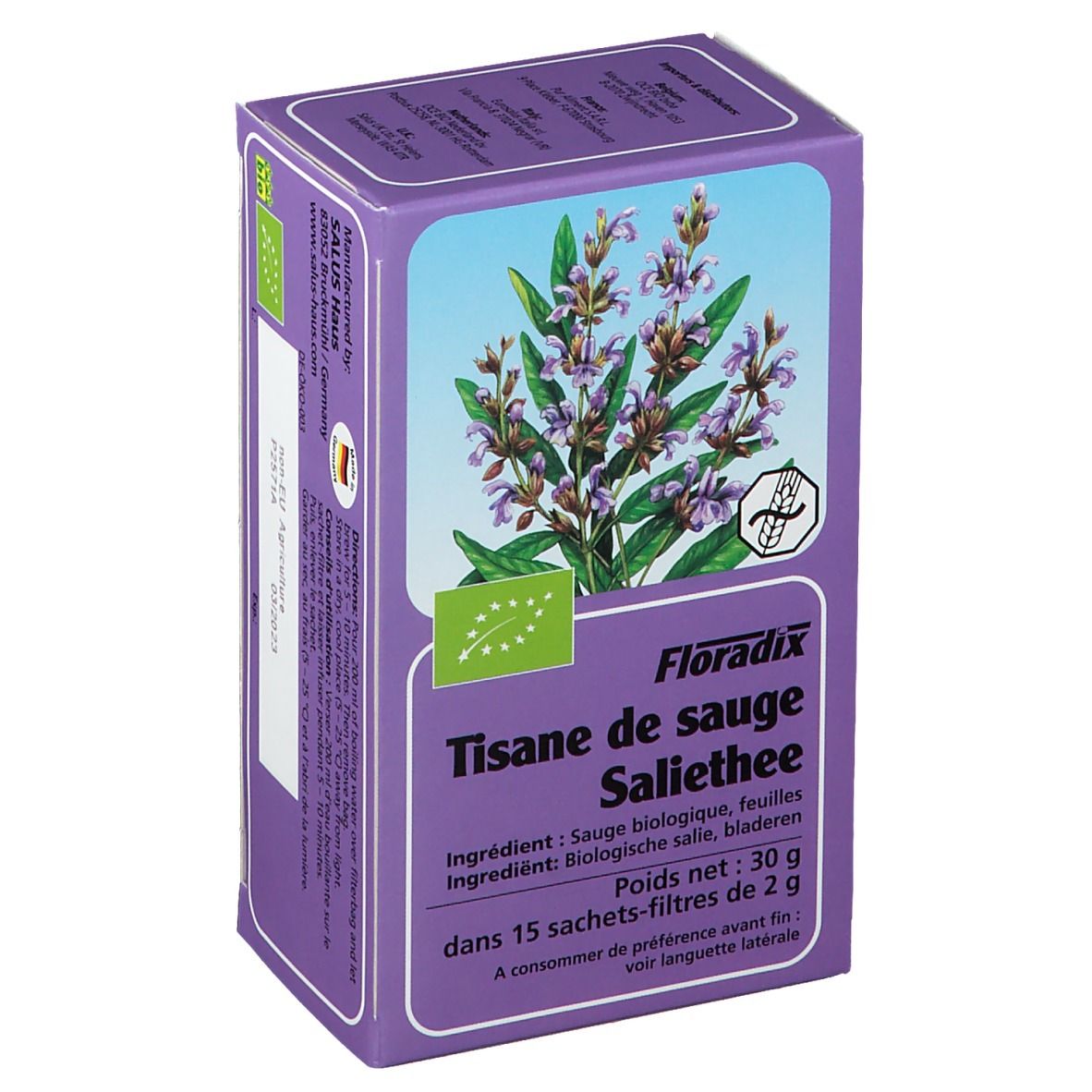 Violette Kartonverpackung mit Kräuterabbildung. Text: Tisane de sauge Saliethee, 15 Filterbeutel.